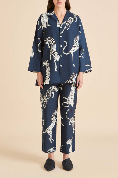 Casablanca Ziegfeld Blue Leopard Pajamas in Cotton-Silk | Olivia