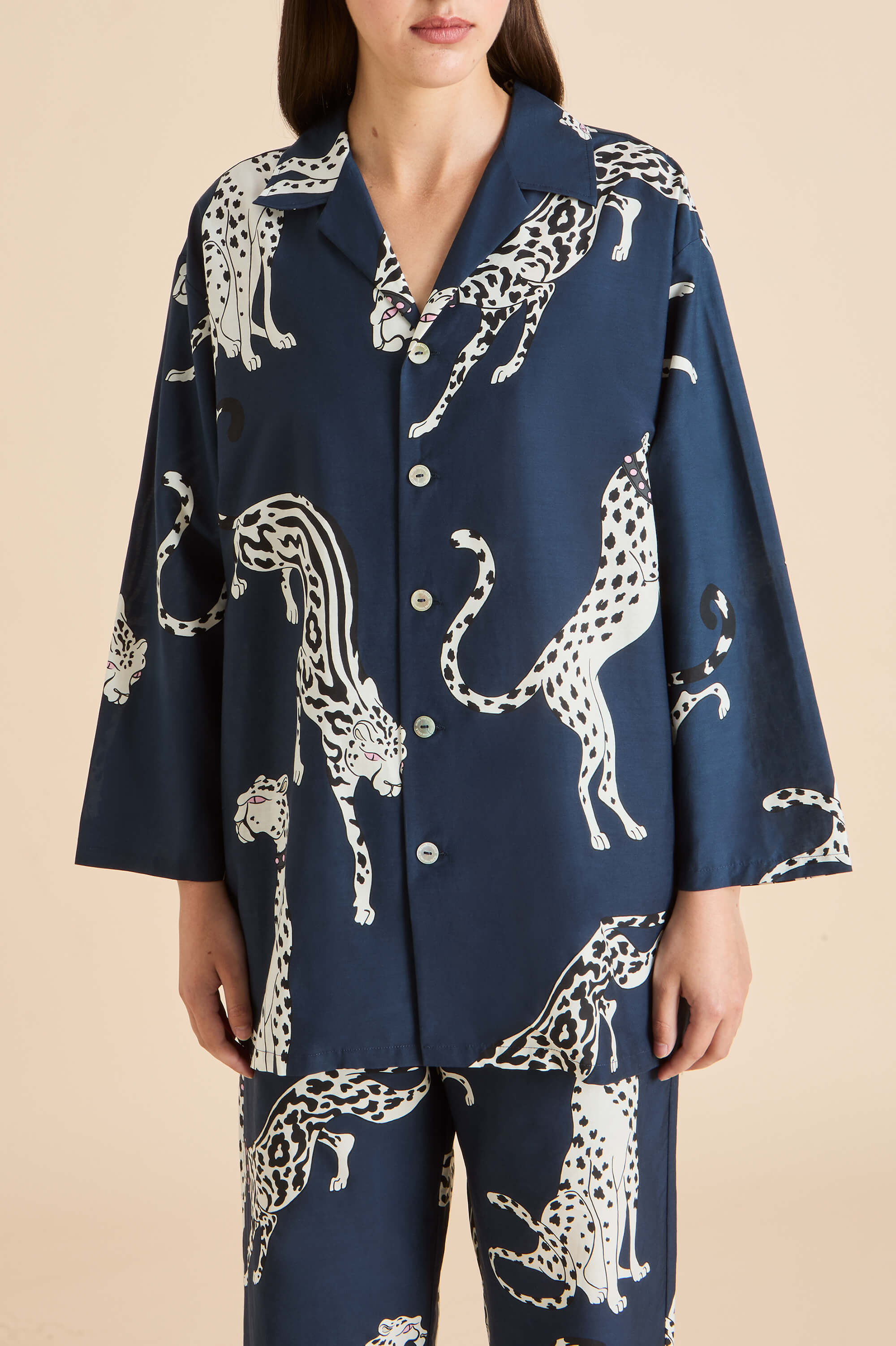 Casablanca Ziegfeld Blue Cheetah Pajamas in Cotton-Silk | Olivia