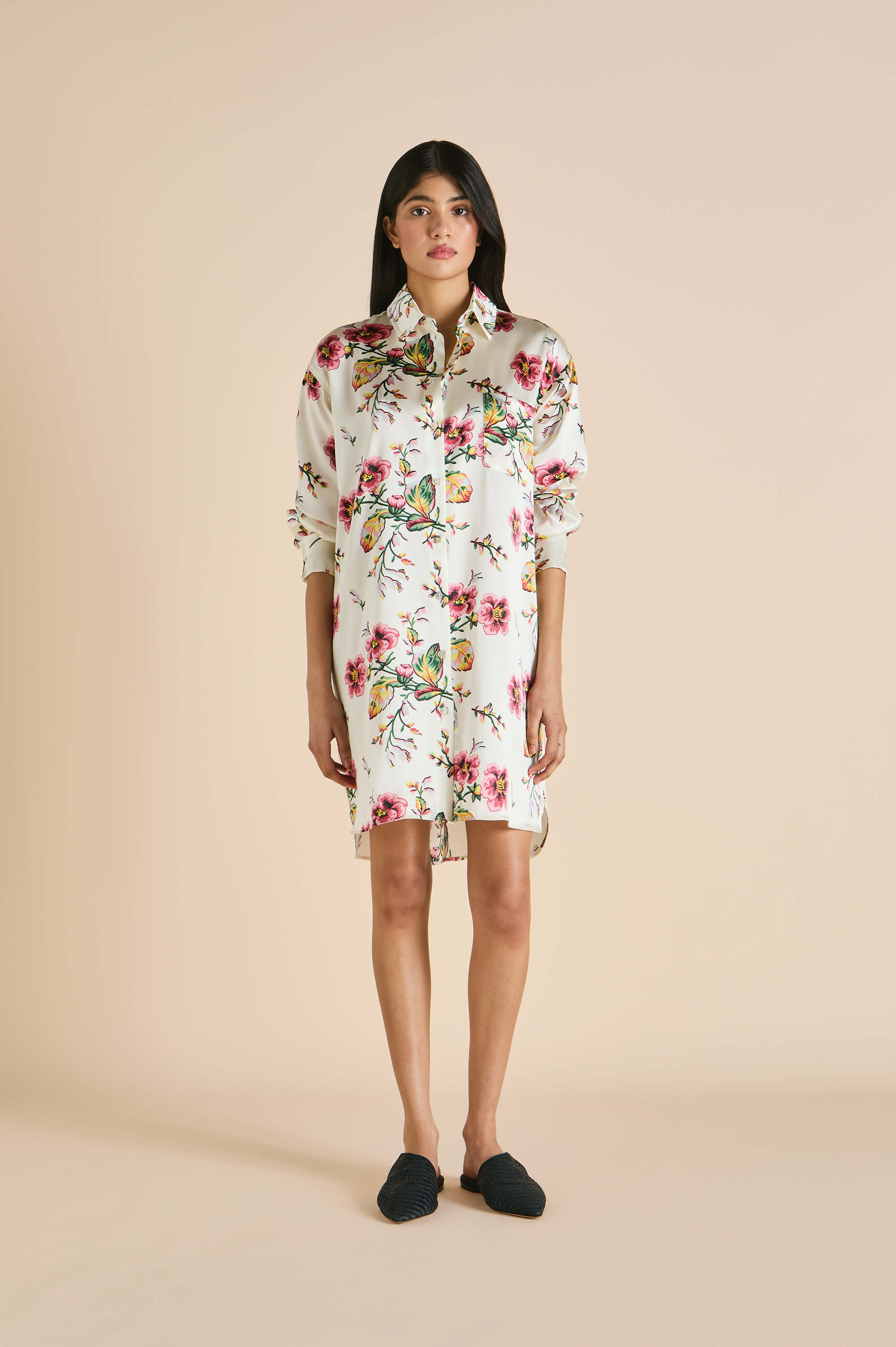 Celeste Maugham Ivory Floral Nightshirt in Silk Satin