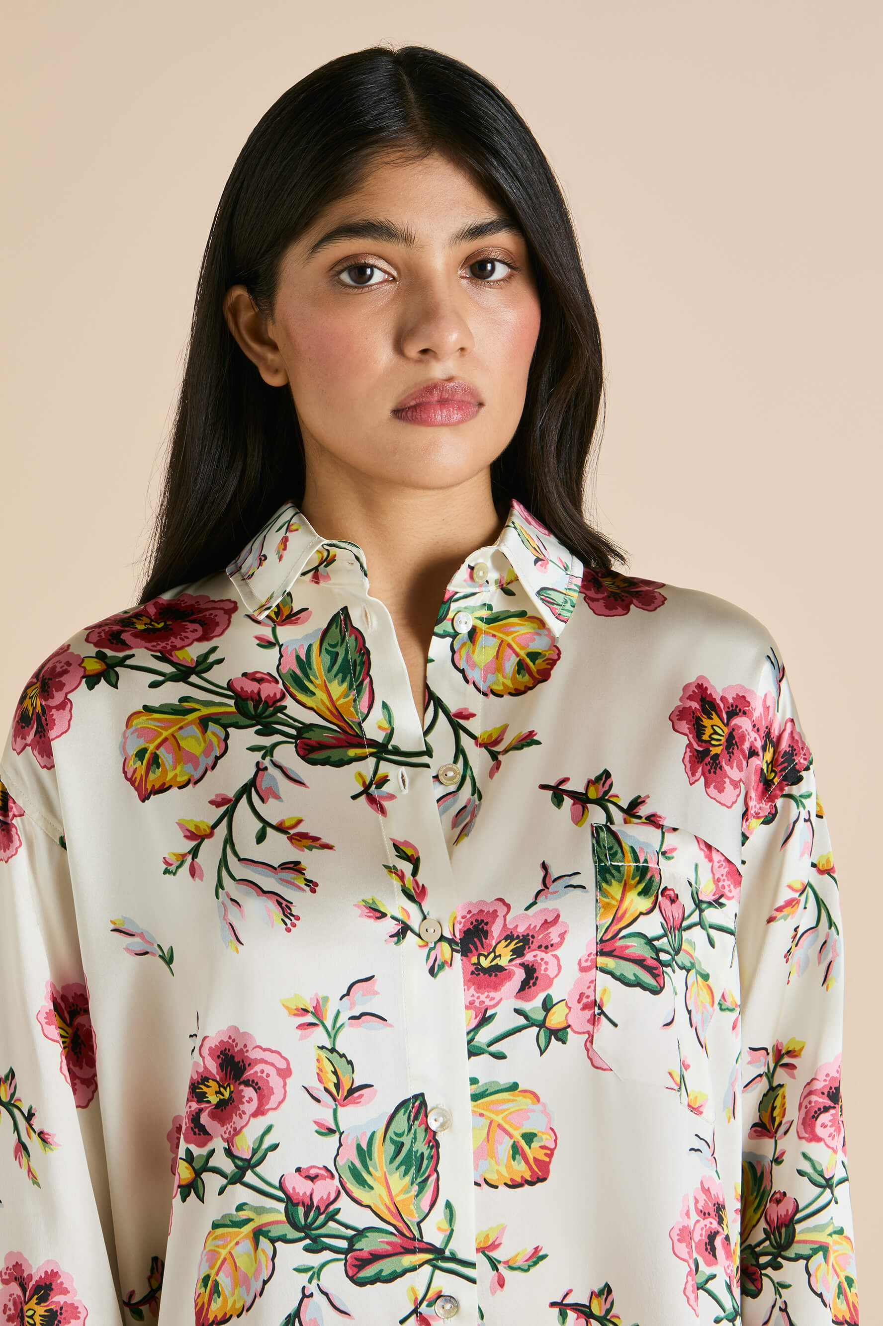 Celeste Maugham Ivory Floral Nightshirt in Silk Satin