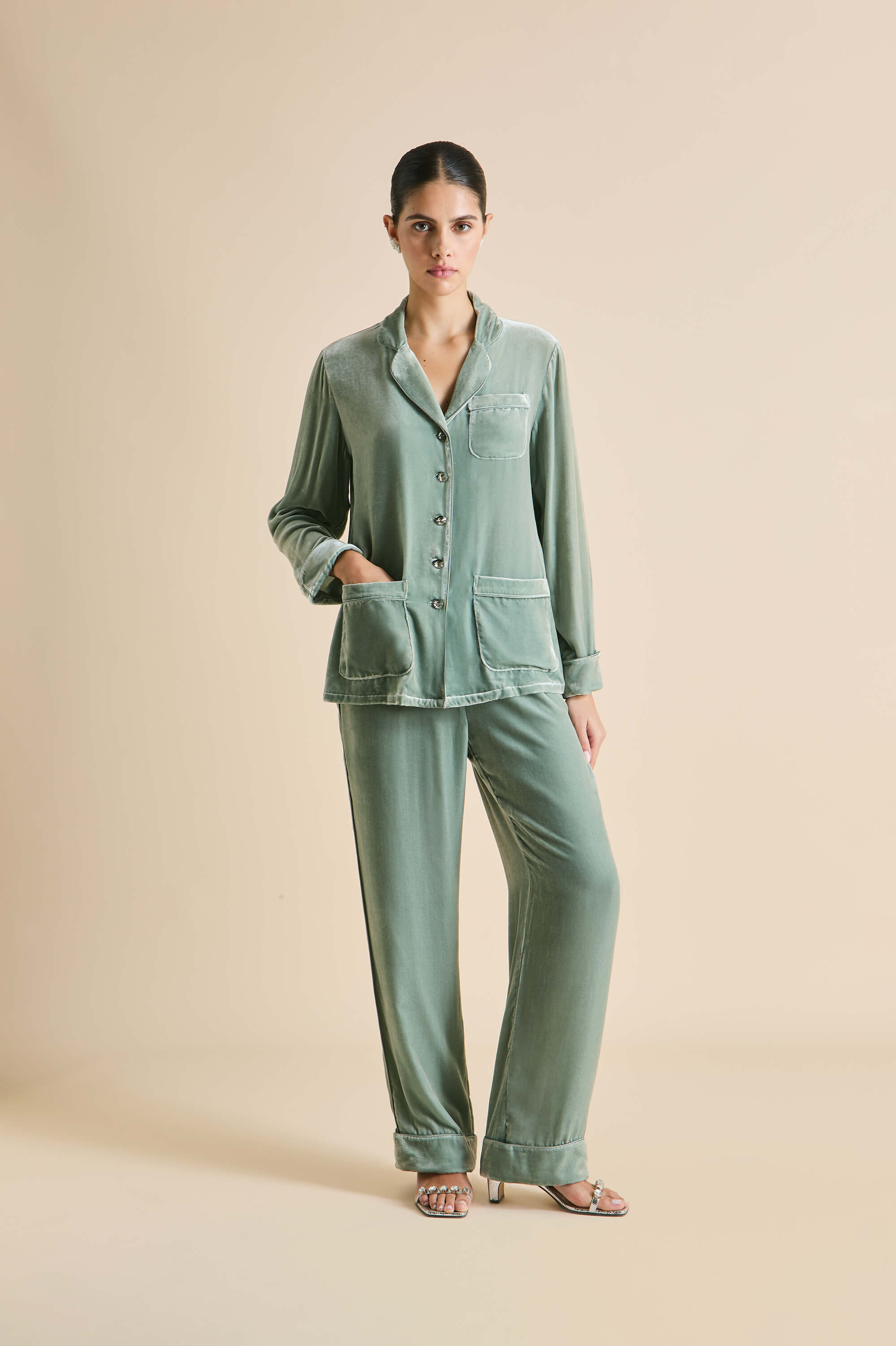 Coco Ash Green Pyjamas in Silk Velvet