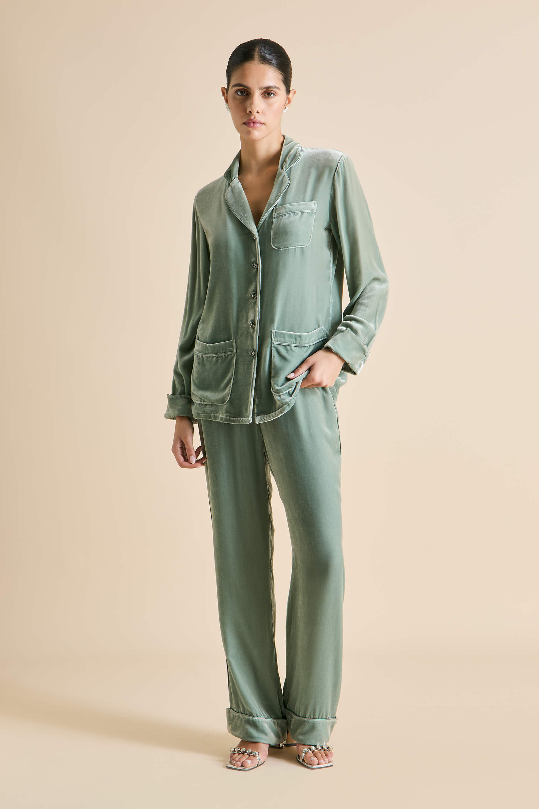 Coco Ash Green Pyjamas in Silk Velvet