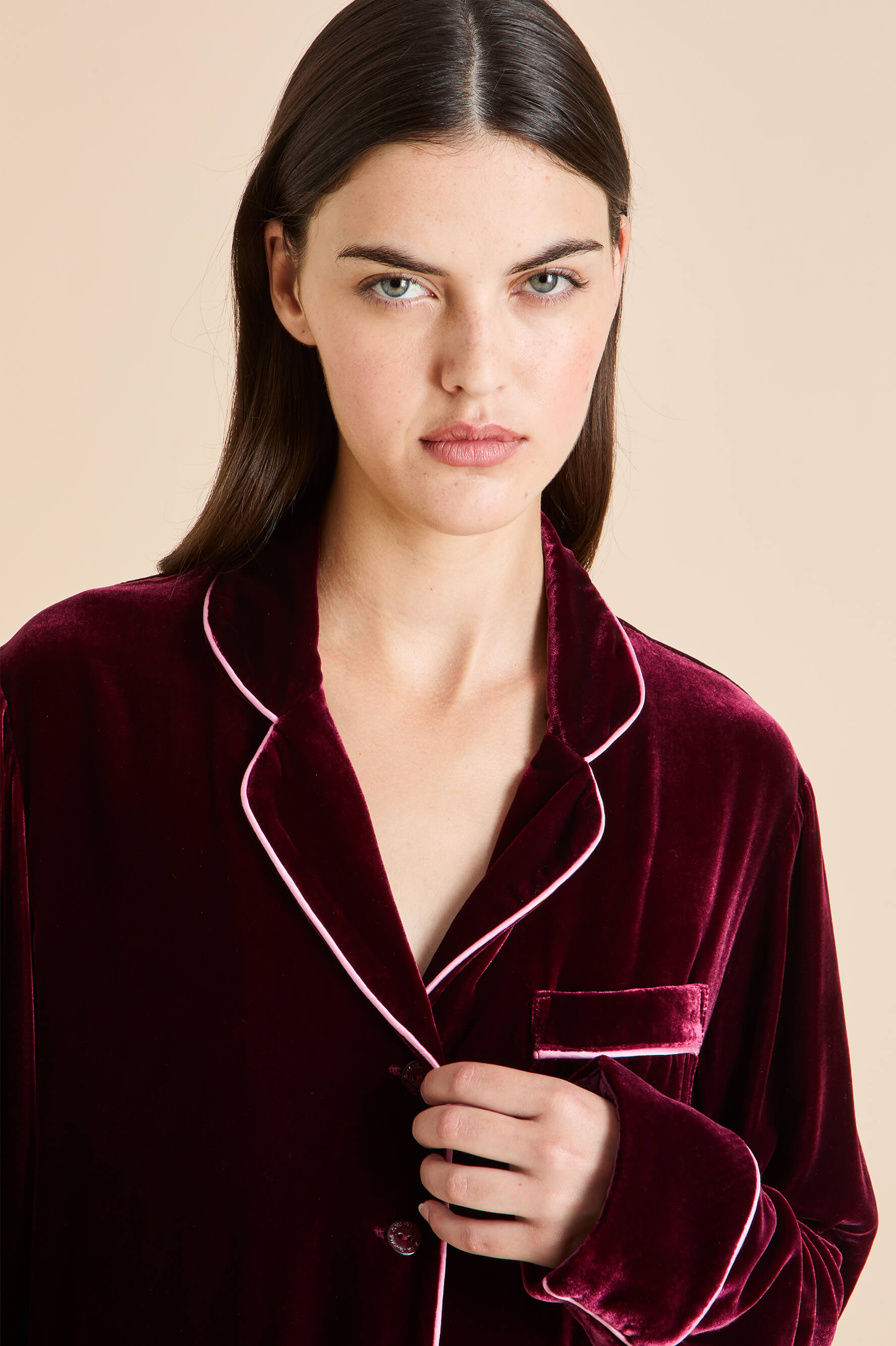 coco claret red pyjamas in silk velvet 