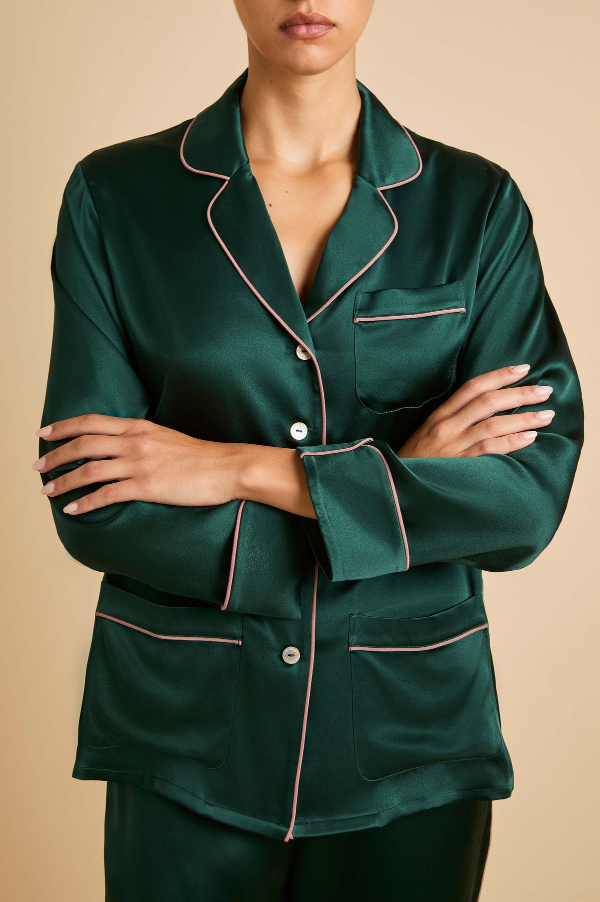 coco clover green pyjamas in silk satin 