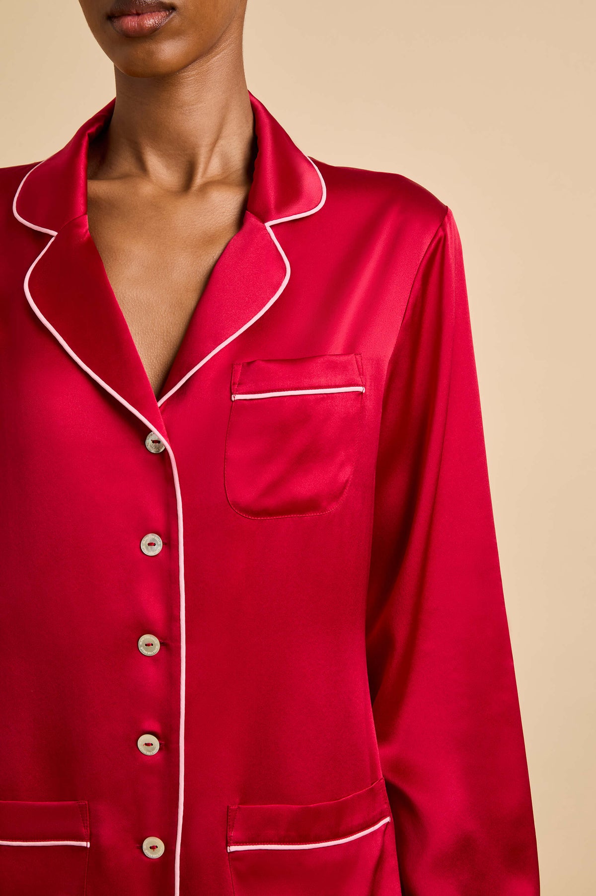 coco crimson red pyjamas in silk satin 