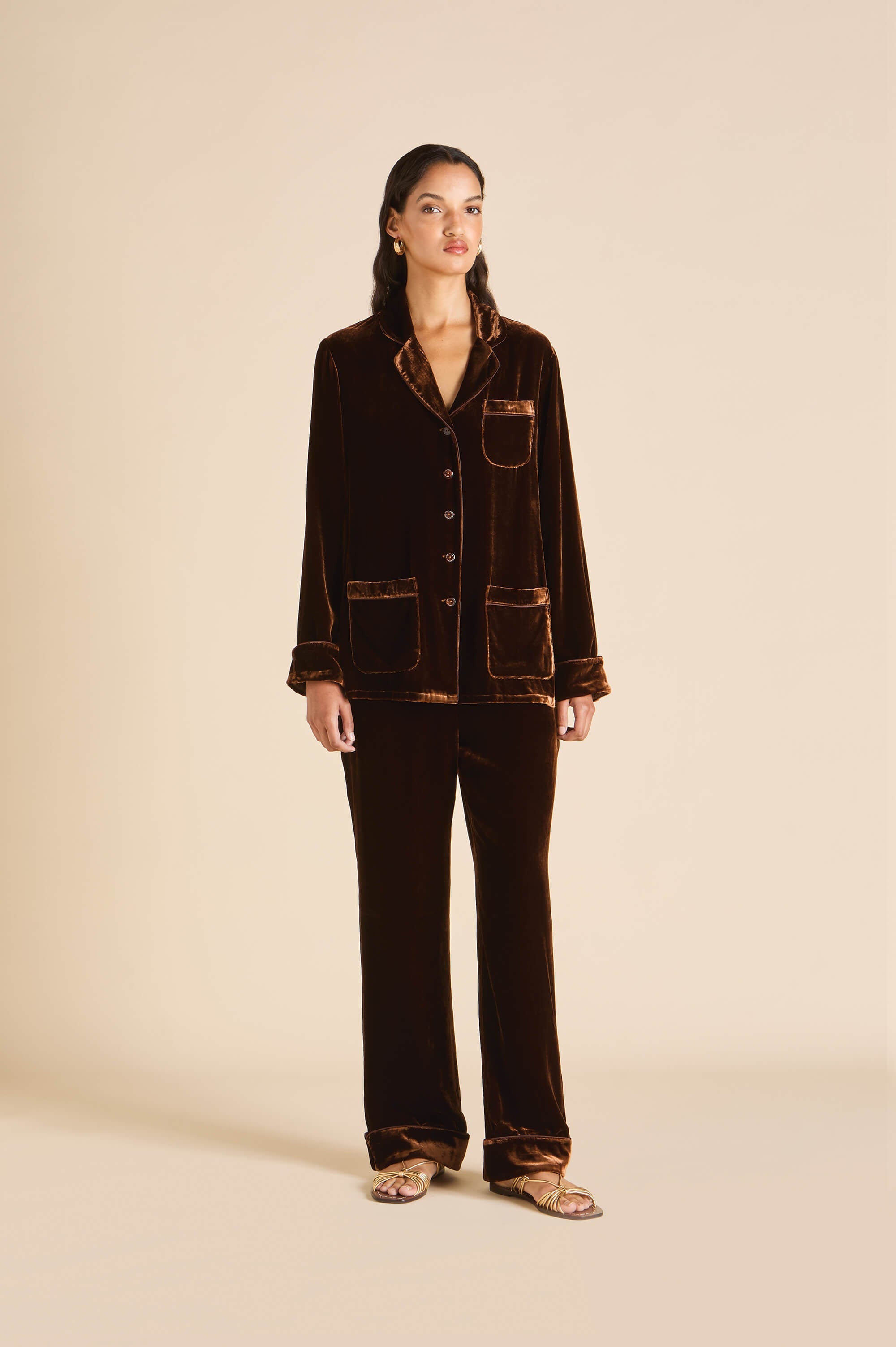 Coco Walnut Brown Pajamas in Silk Velvet | Olivia von Halle