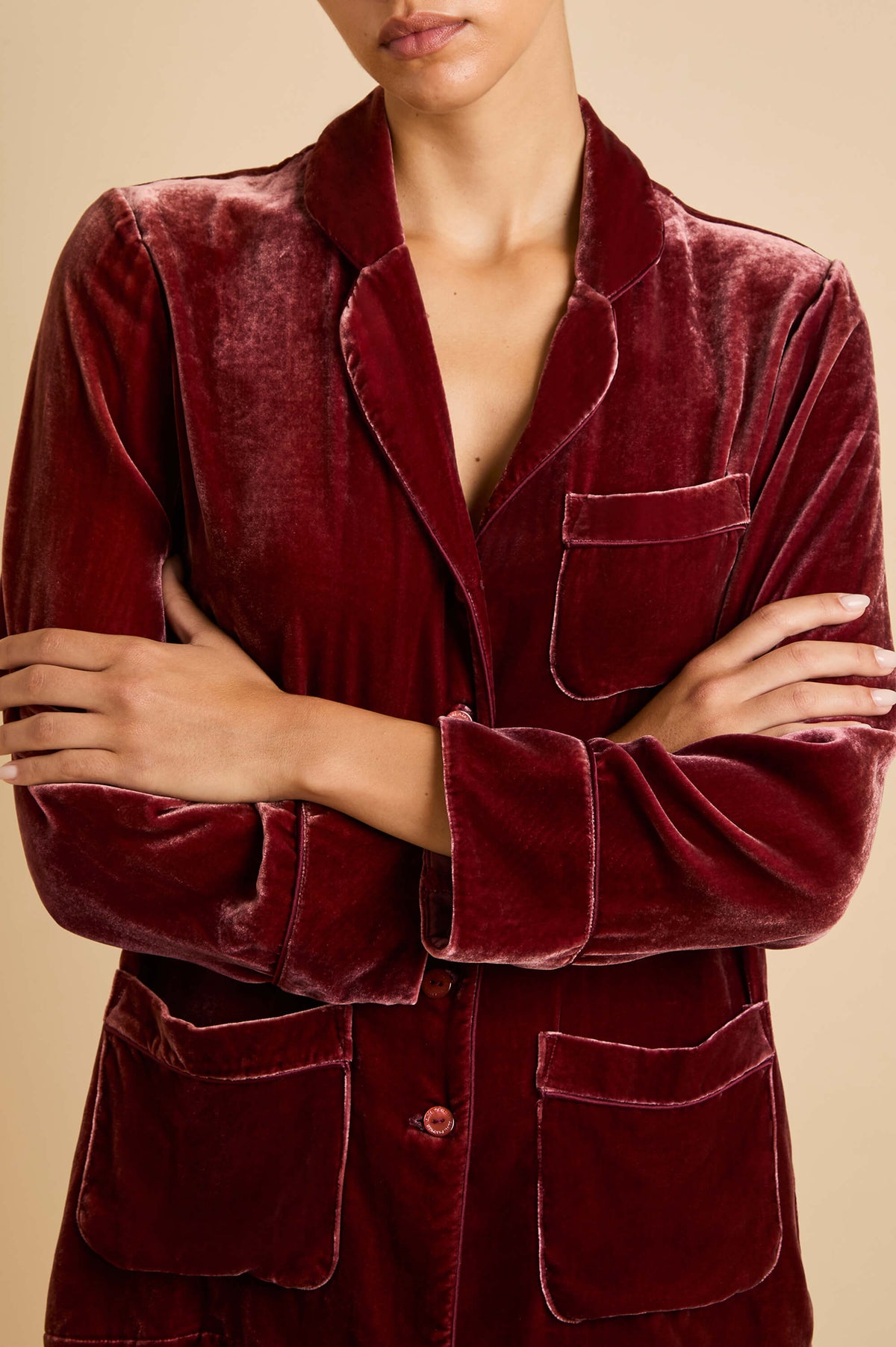 constance tawney red pyjamas in silk velvet 