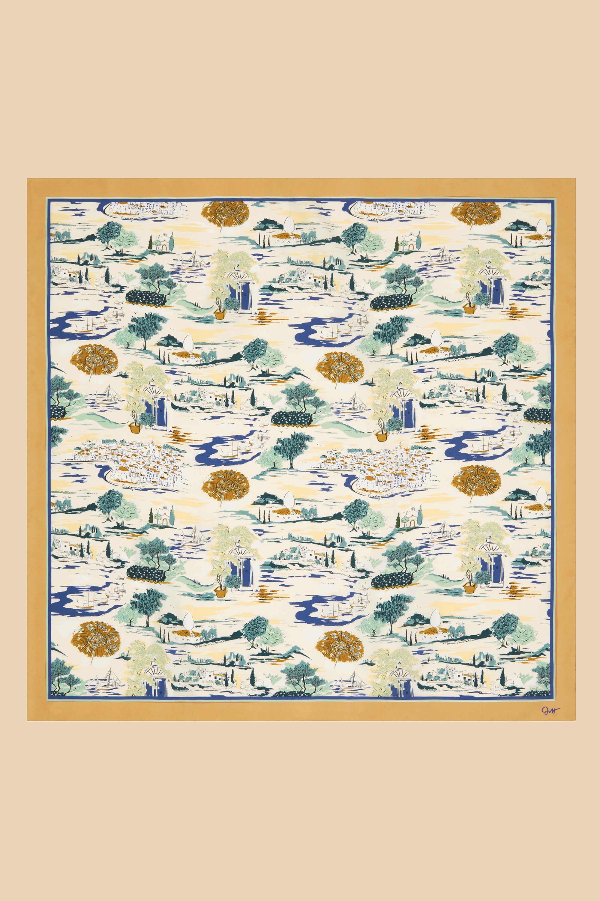 Dunaway Cadaqués Cream Landscape Scarf in Silk Twill