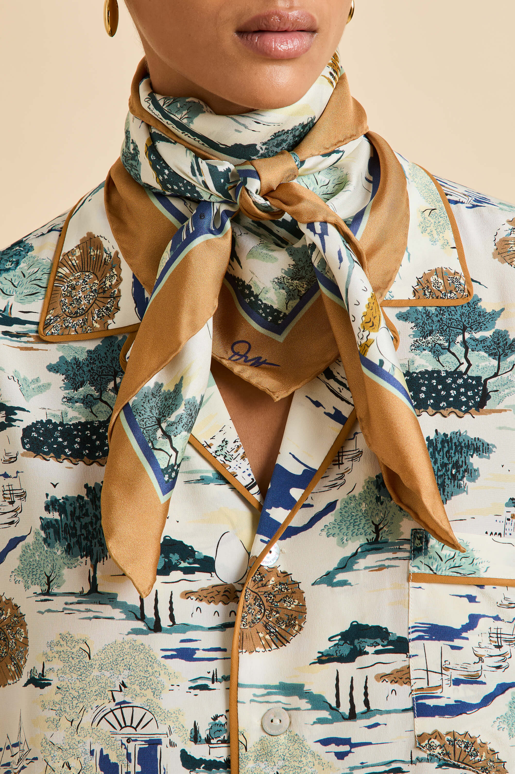Dunaway Cadaqués Cream Landscape Scarf in Silk Twill