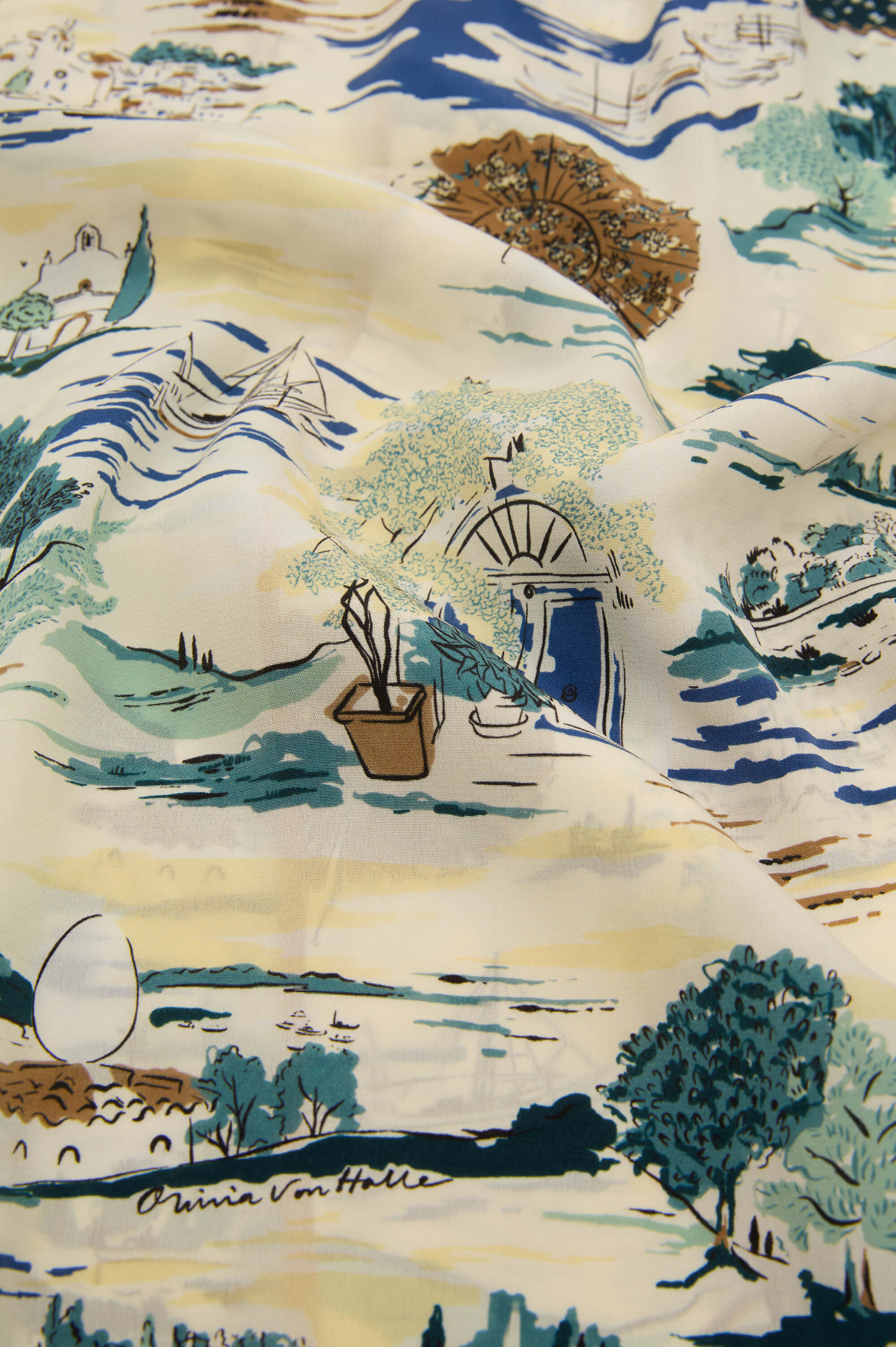 Dunaway Cadaqués Cream Landscape Scarf in Silk Twill