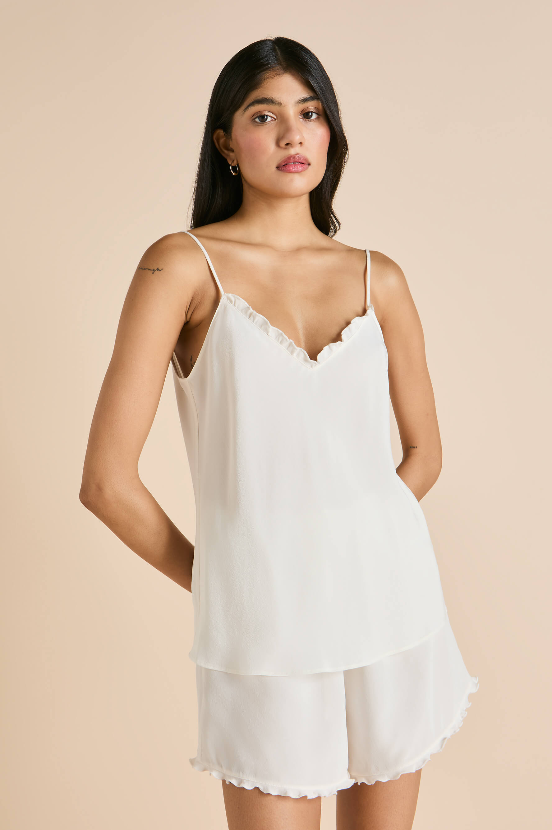 Elle Ivory Frilled Camisole Set in Silk Crêpe de Chine