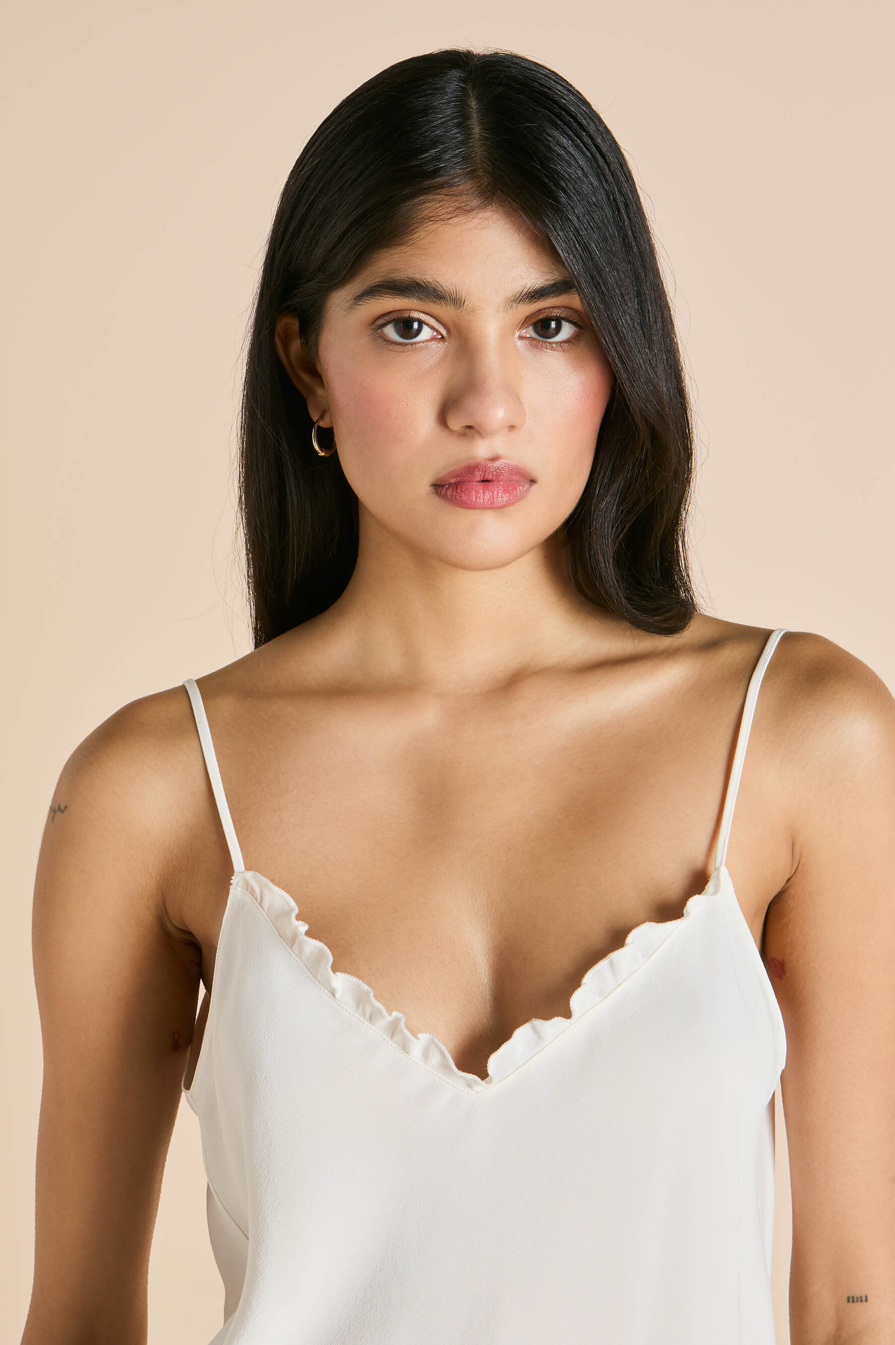 Elle Ivory Frilled Camisole Set in Silk Crêpe de Chine