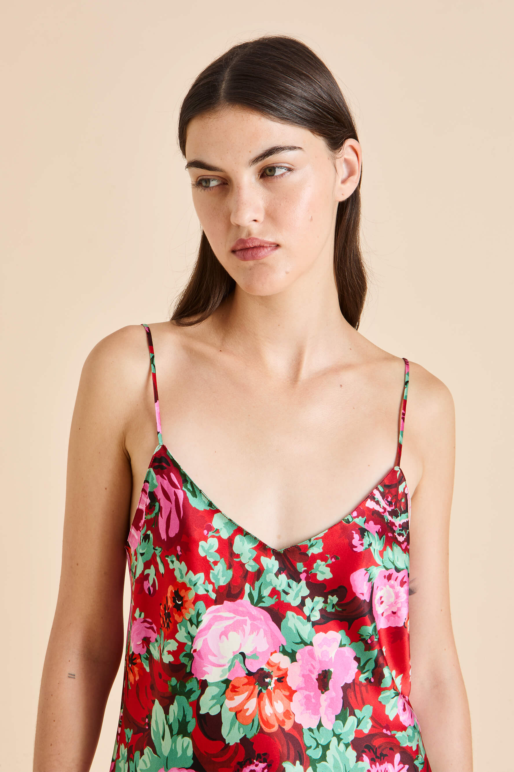 elle moulin red floral camisole set in silk satin 