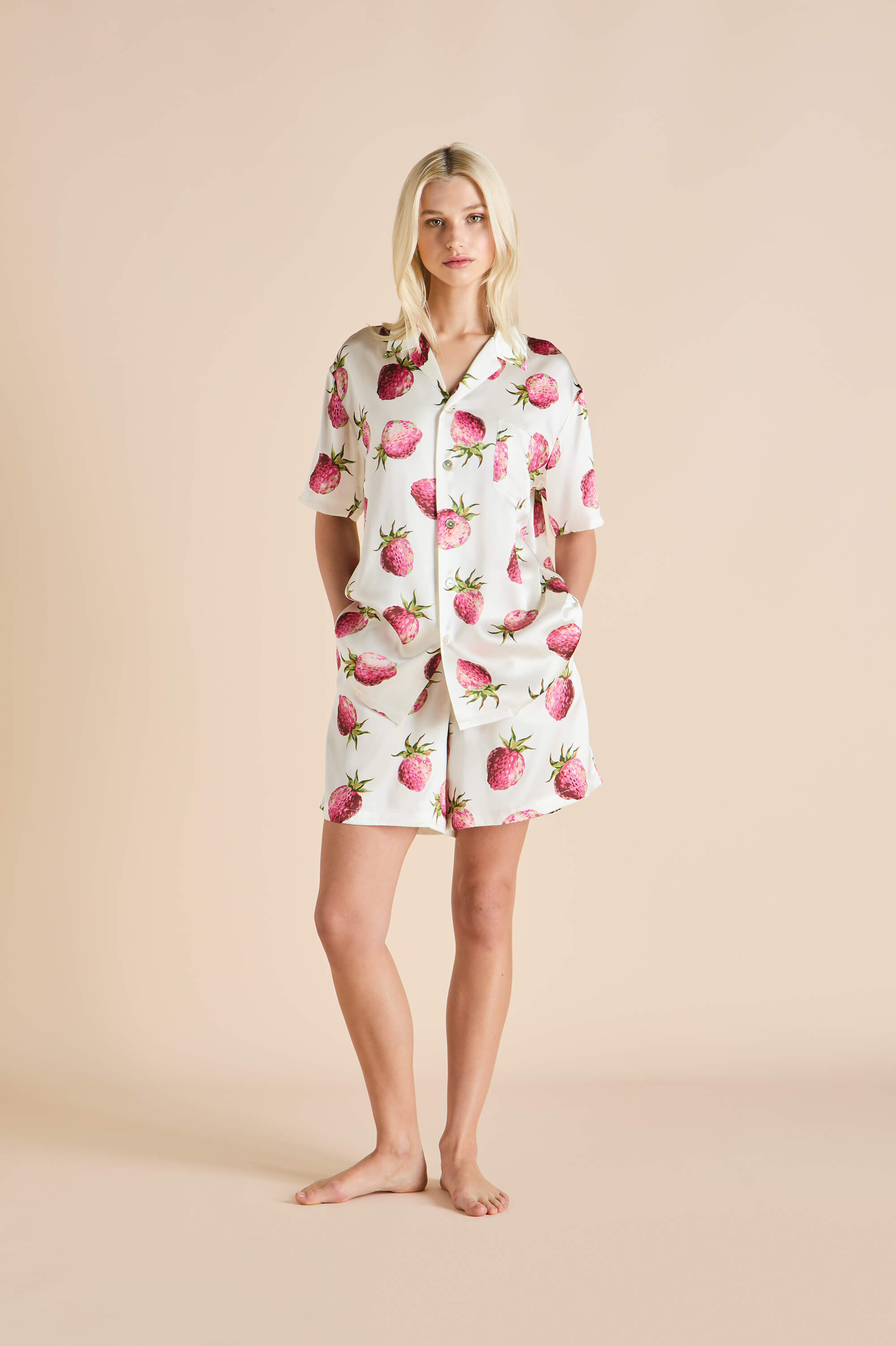 Emeli Blythe Ivory Strawberry Pyjamas in Silk Satin