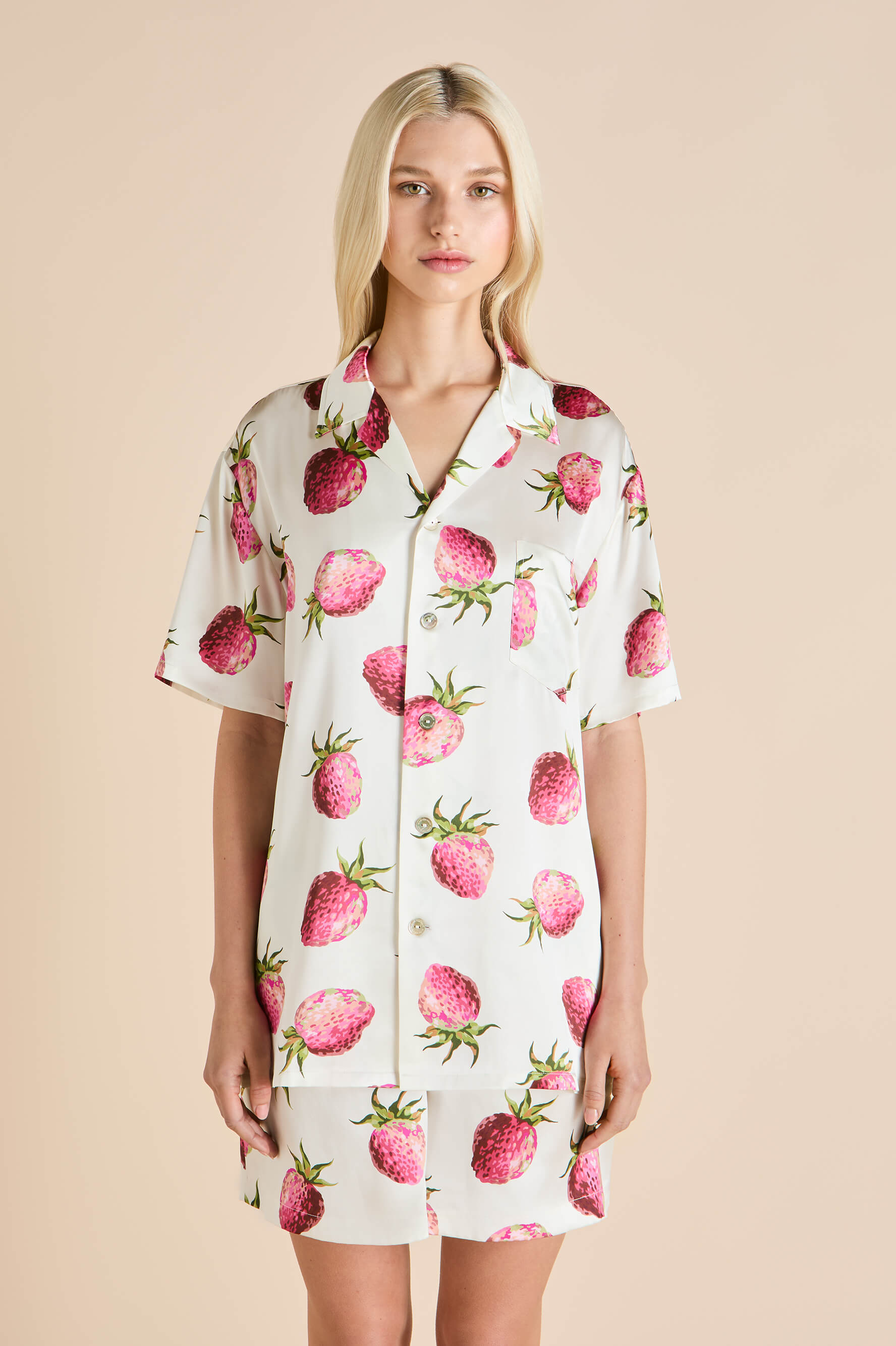 Emeli Blythe Ivory Strawberry Pyjamas in Silk Satin