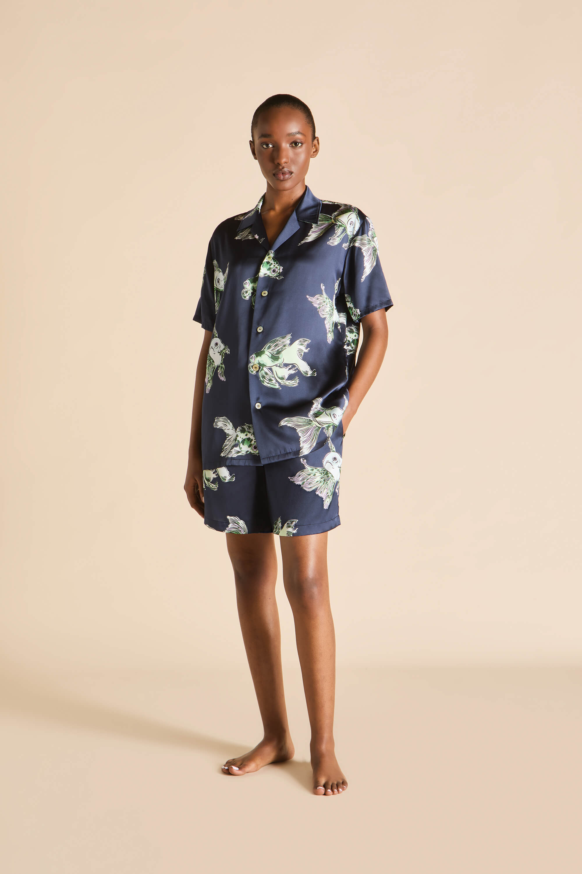 Emeli Caspian Navy Goldfish Pajamas in Silk Satin | Olivia von Halle
