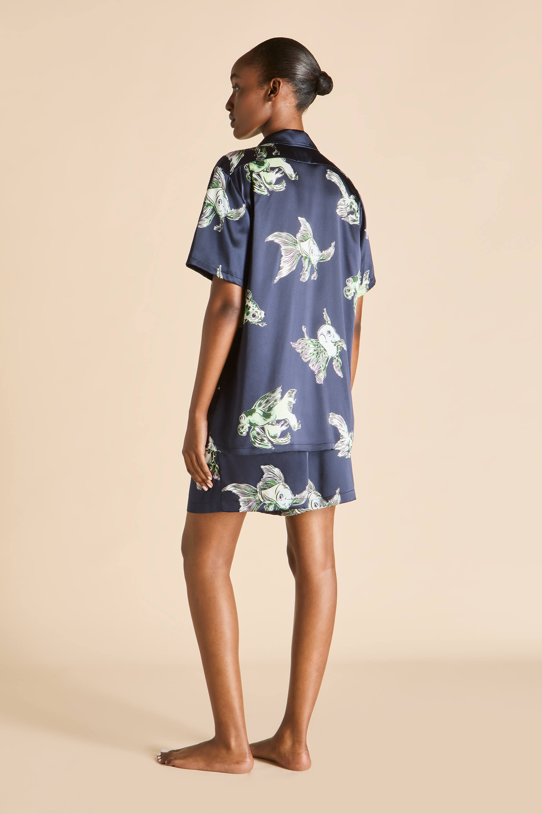 Emeli Caspian Navy Goldfish Pajamas in Silk Satin