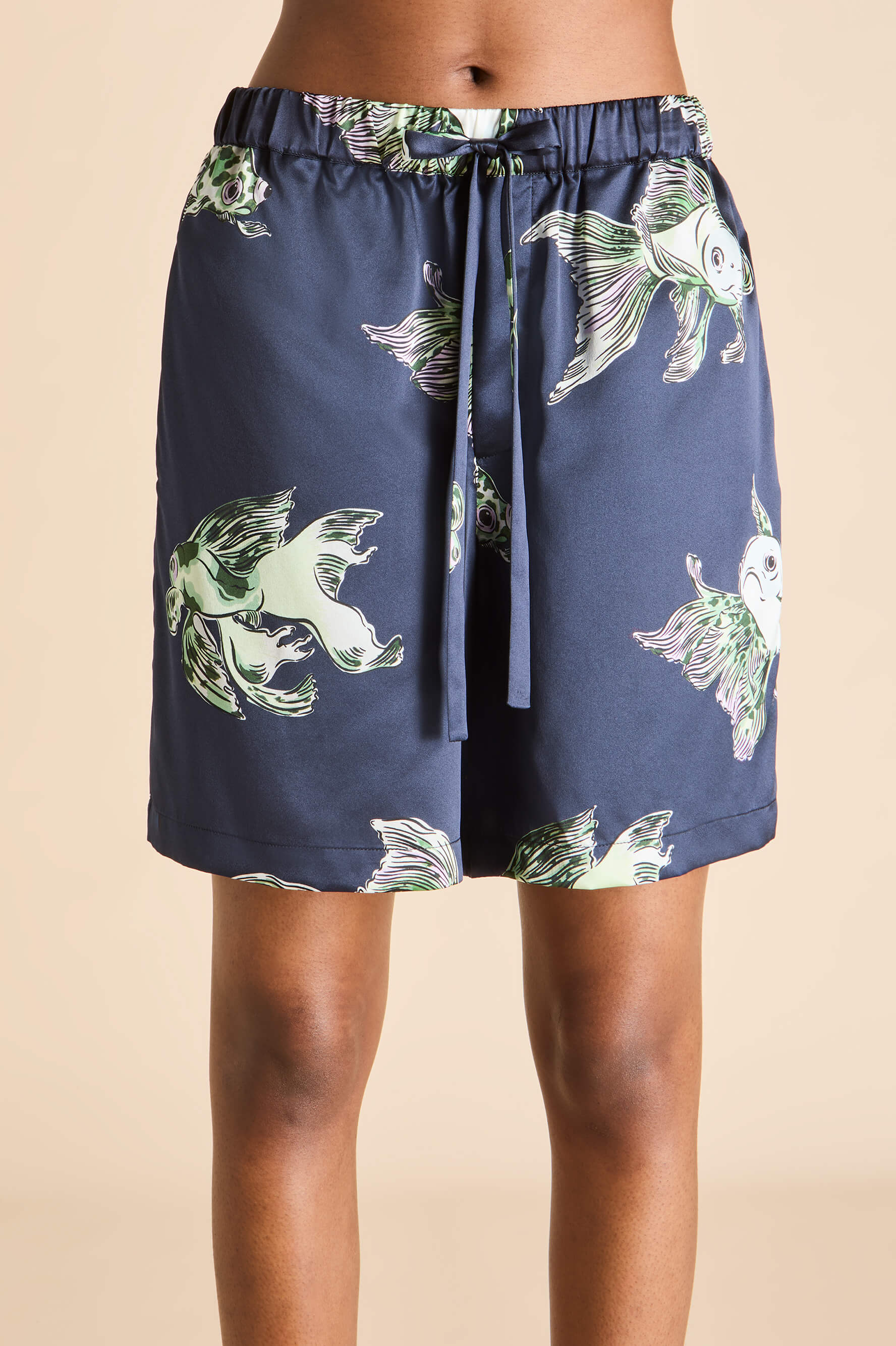 Emeli Caspian Navy Goldfish Pajamas in Silk Satin
