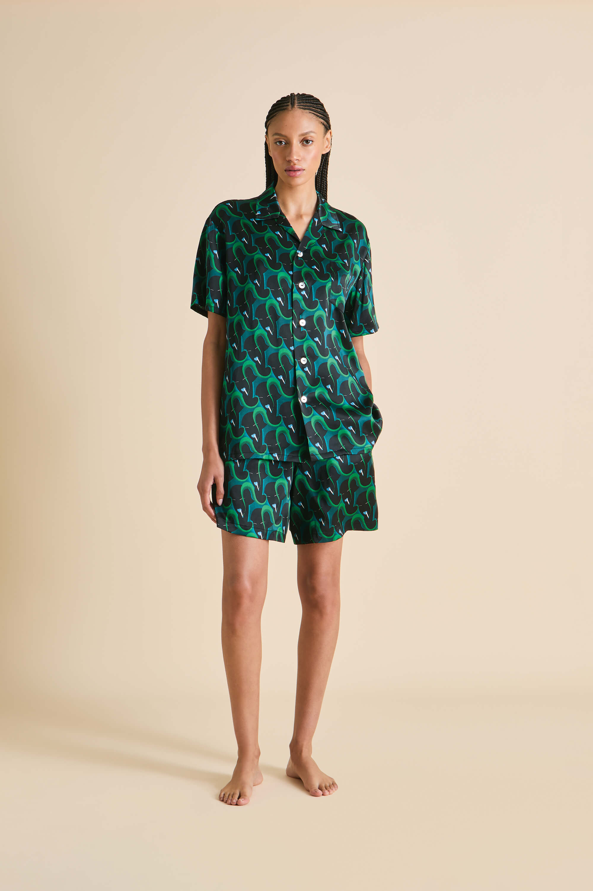 Emeli Colette Green Figure Pyjamas in Silk Satin