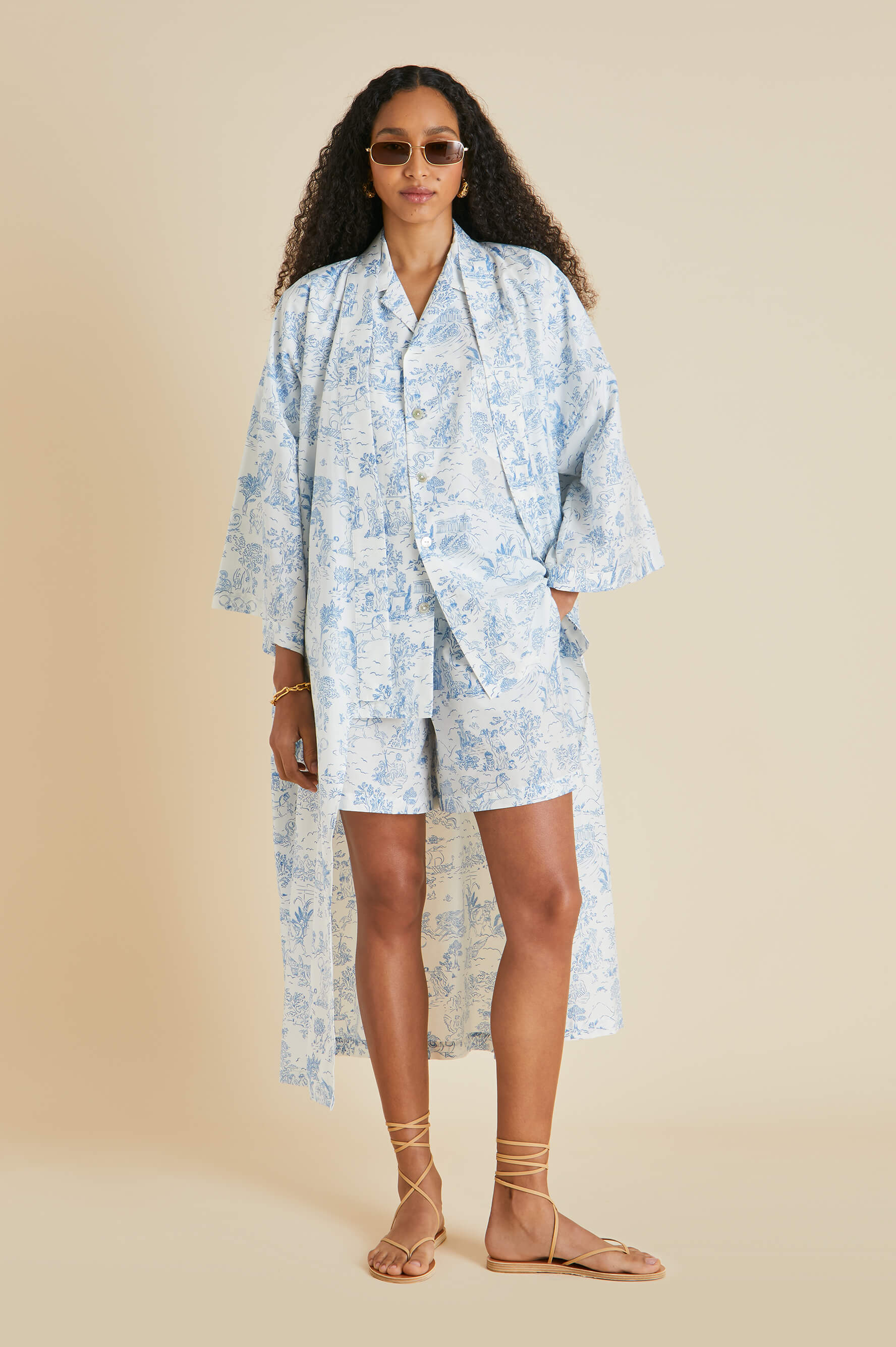 Emeli Eros Ivory Toile de Jouy Pyjamas in Cotton-Silk