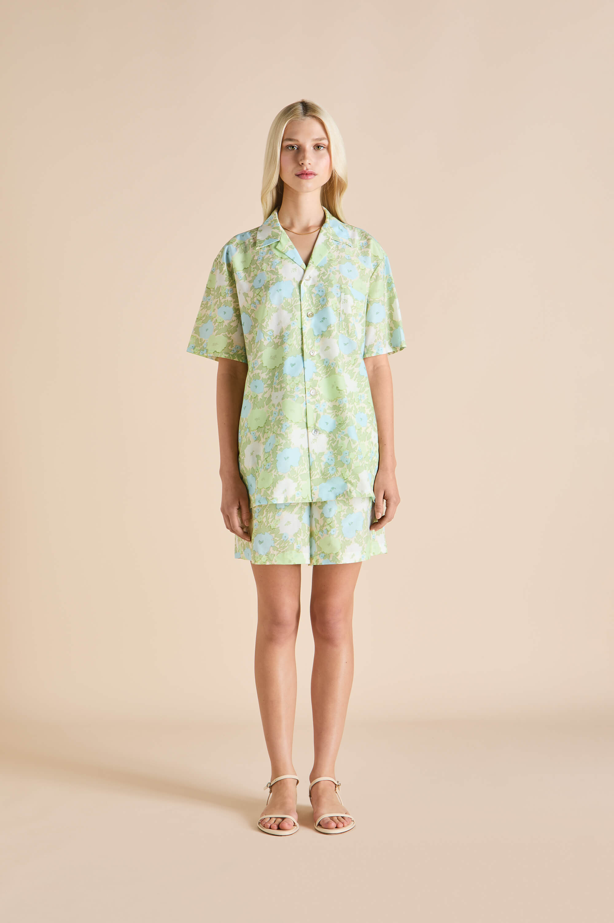 Emeli Hester Green Floral Pyjamas in Cotton-Silk