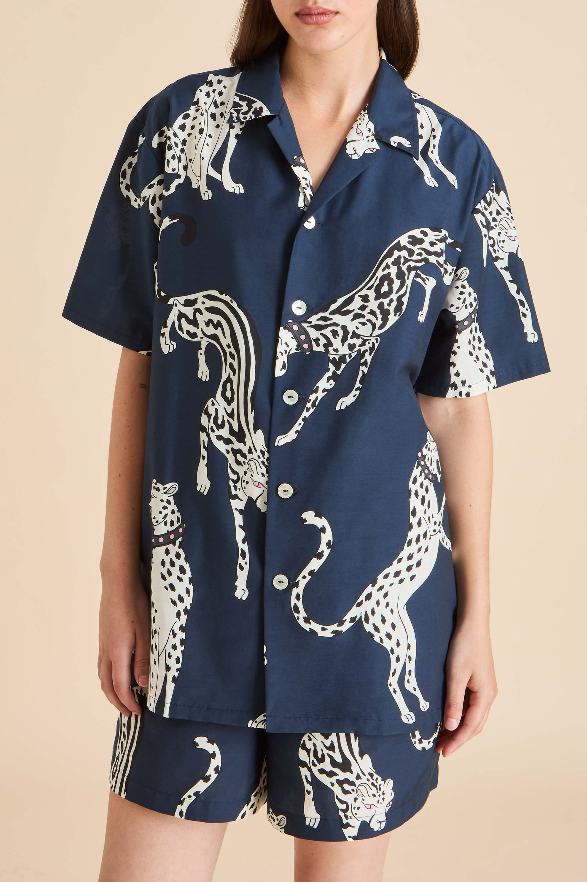 Emeli Ziegfeld Blue Leopard Pyjamas in Cotton-Silk
