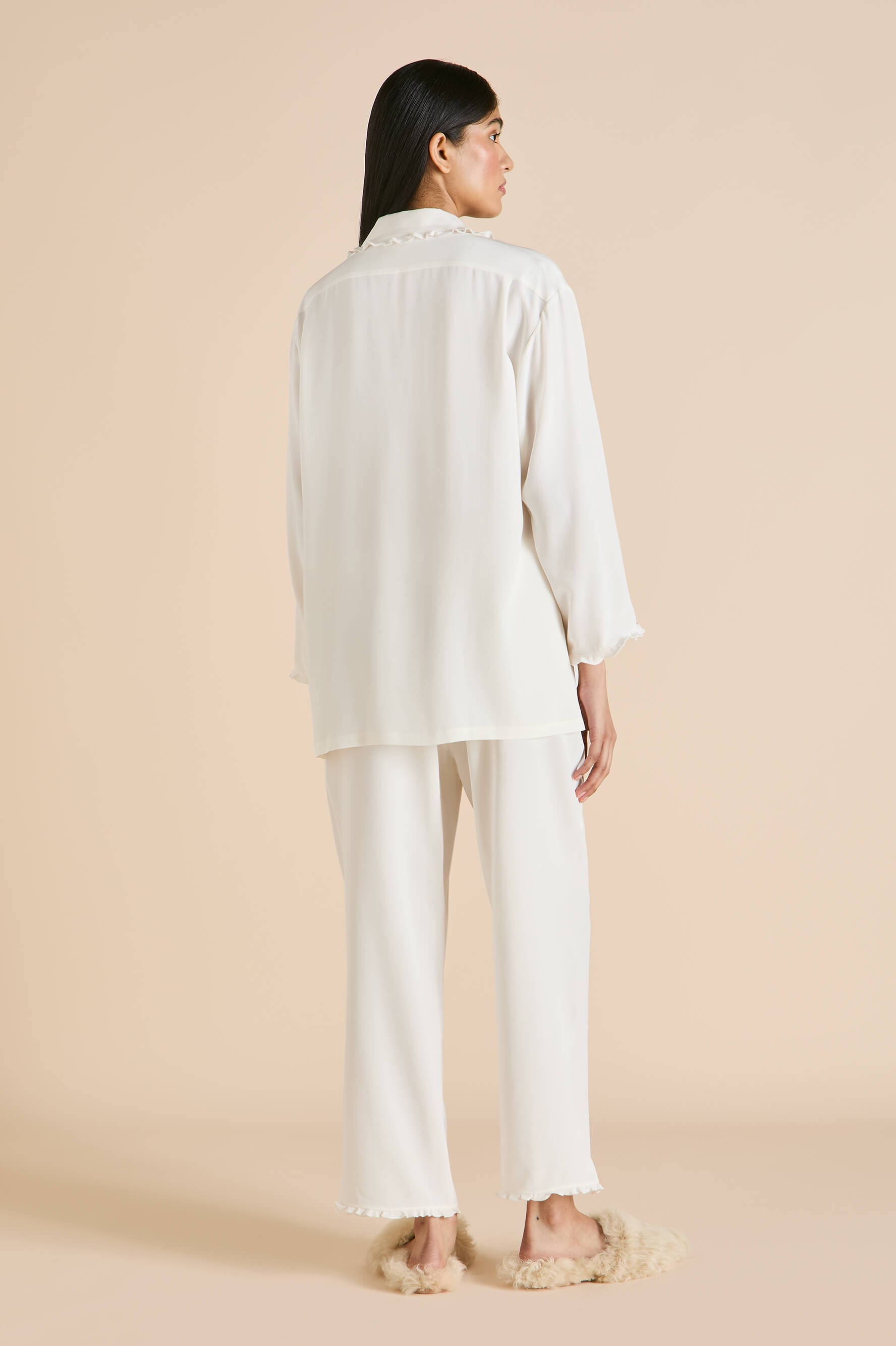 Fifi Ivory Frilled Pajamas in Silk Crêpe de Chine