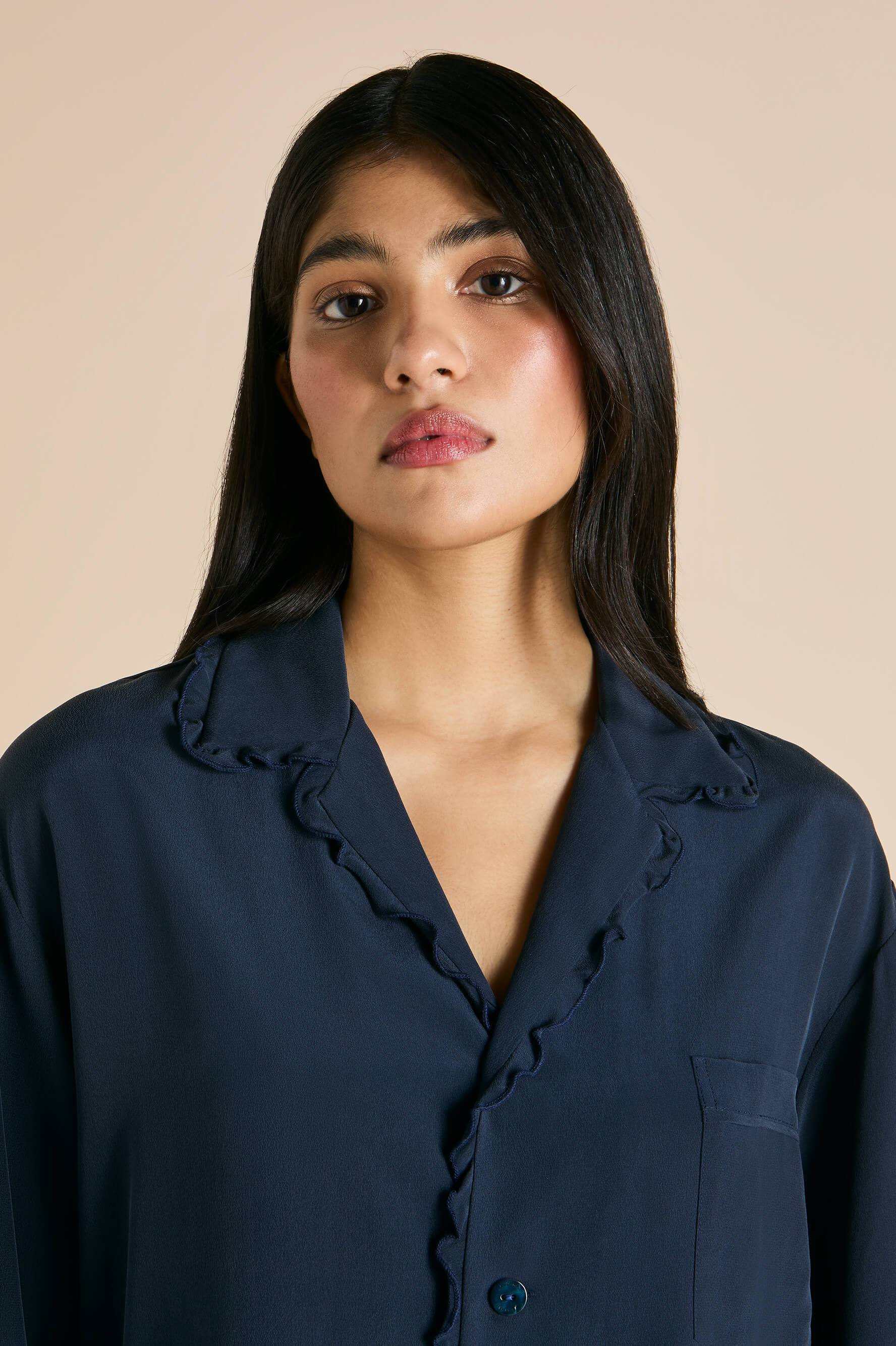 Fifi Navy Frilled Pajamas in Silk Crêpe de Chine