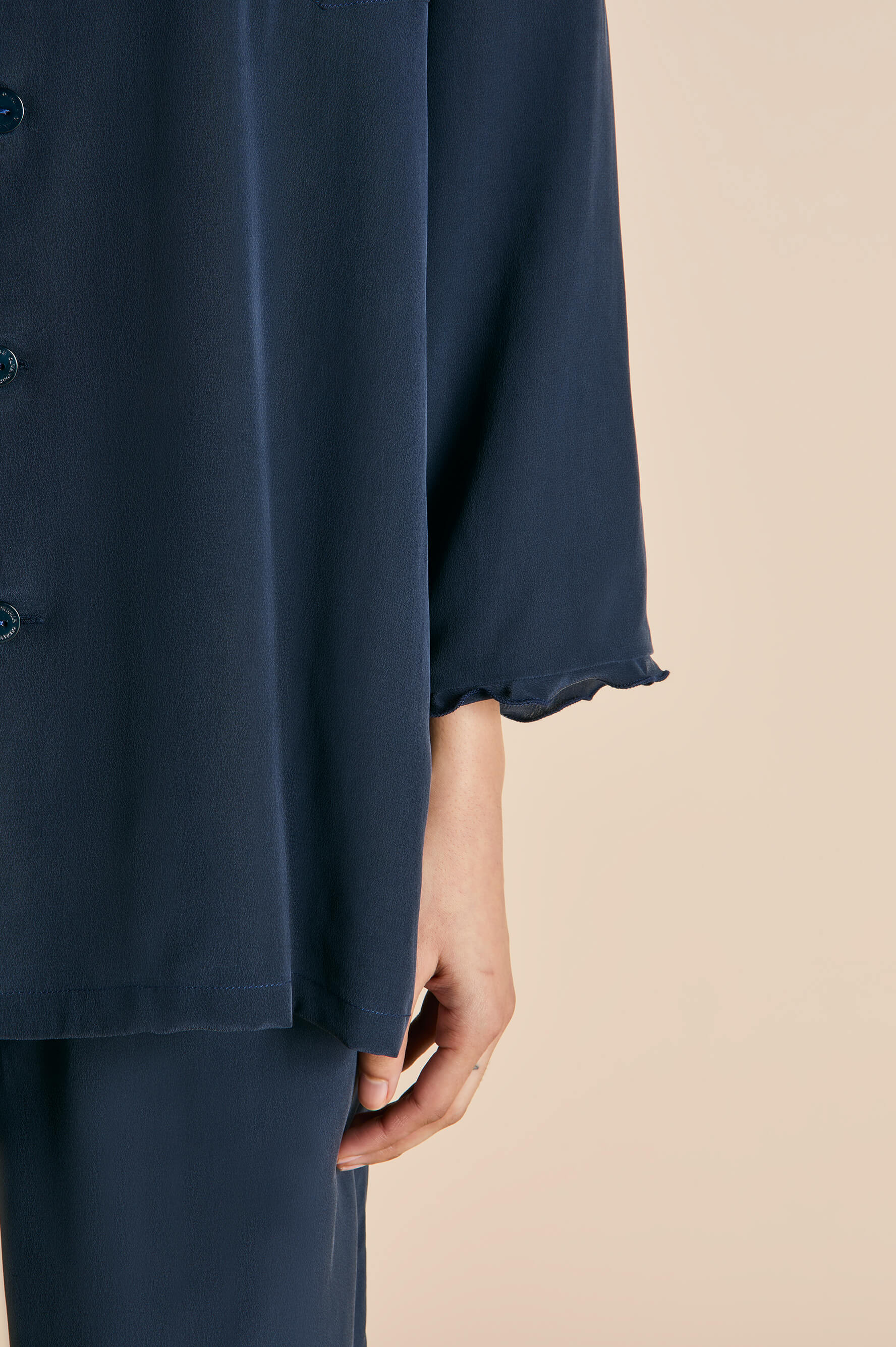 Fifi Navy Frilled Pajamas in Silk Crêpe de Chine