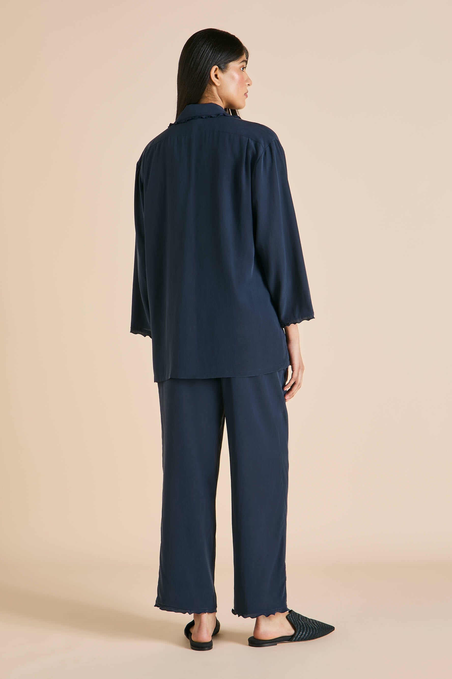 Fifi Navy Frilled Pajamas in Silk Crêpe de Chine