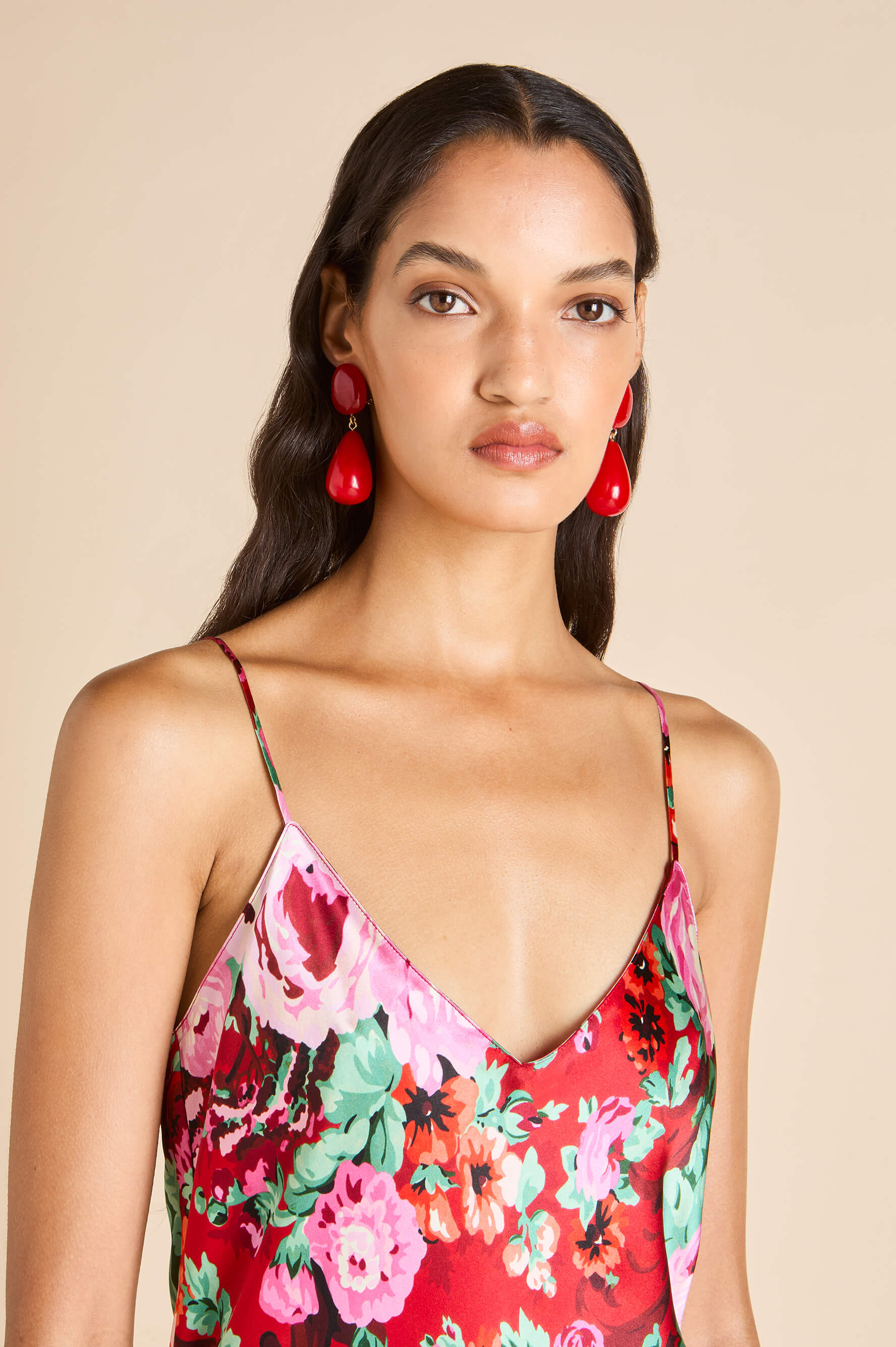 fitted lace wedding dress Olivia Von Halle | Garbo Moulin Red Floral Slip Dress in Silk Satin | Women