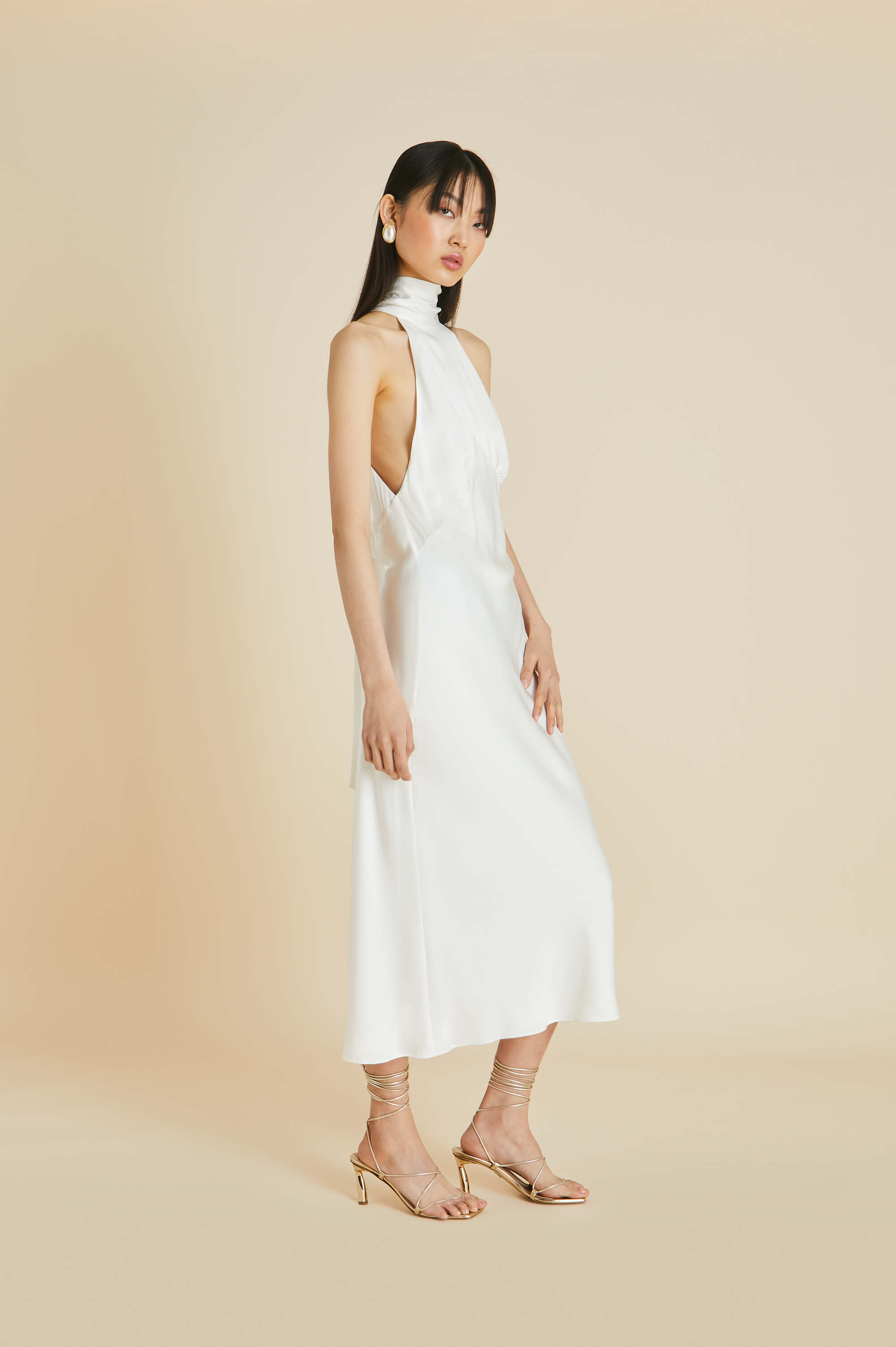greta ivory halterneck dress in silk satin