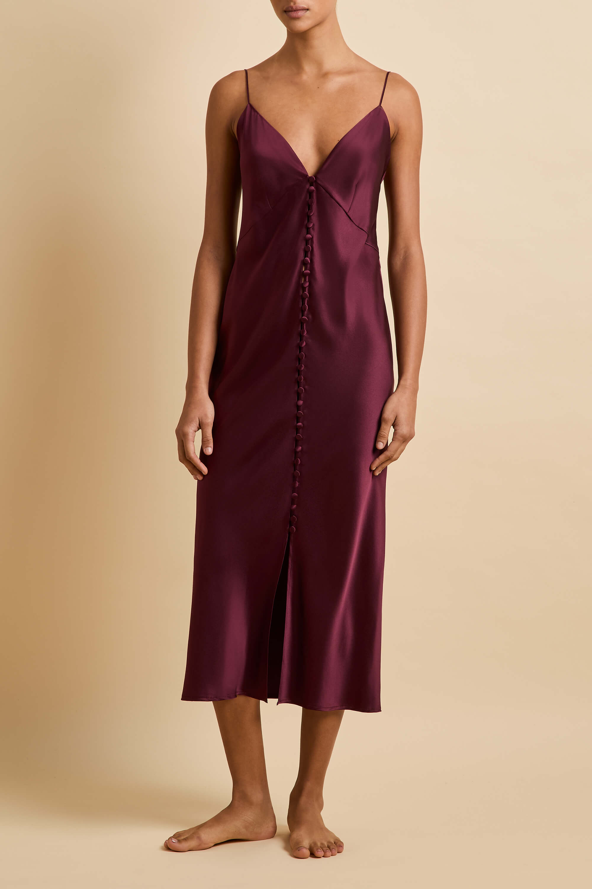 Ilse Burgundy Slip Dress in Silk Satin |Olivia von Halle