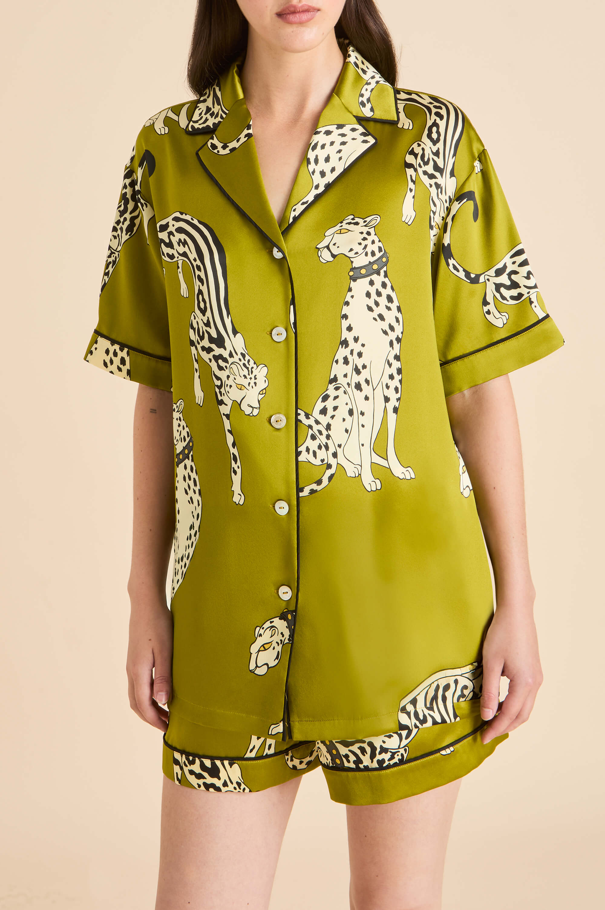 ingo chanson green leopard pyjamas in silk satin 