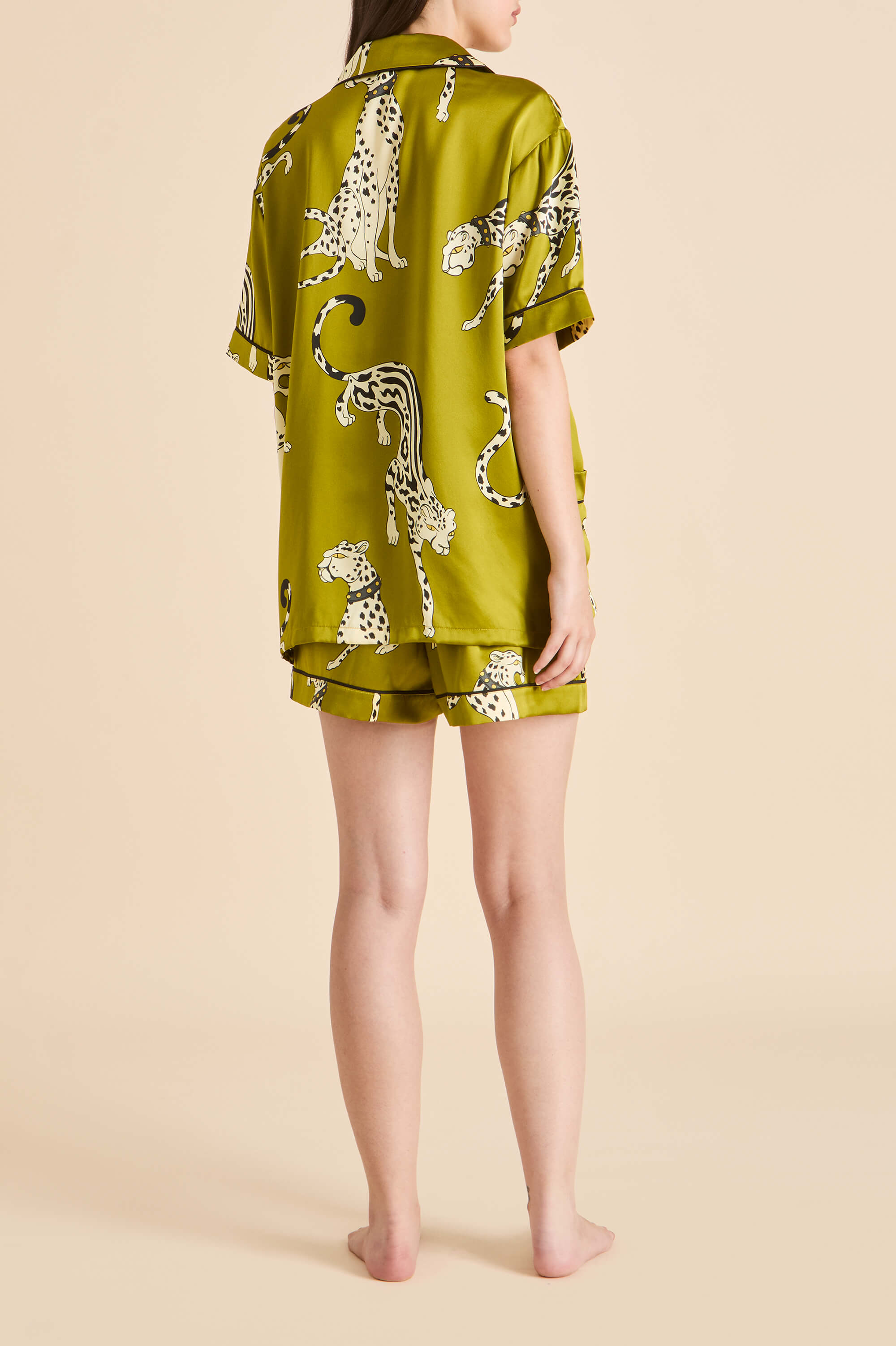 Ingo Chanson Green Leopard Pyjamas in Silk Satin