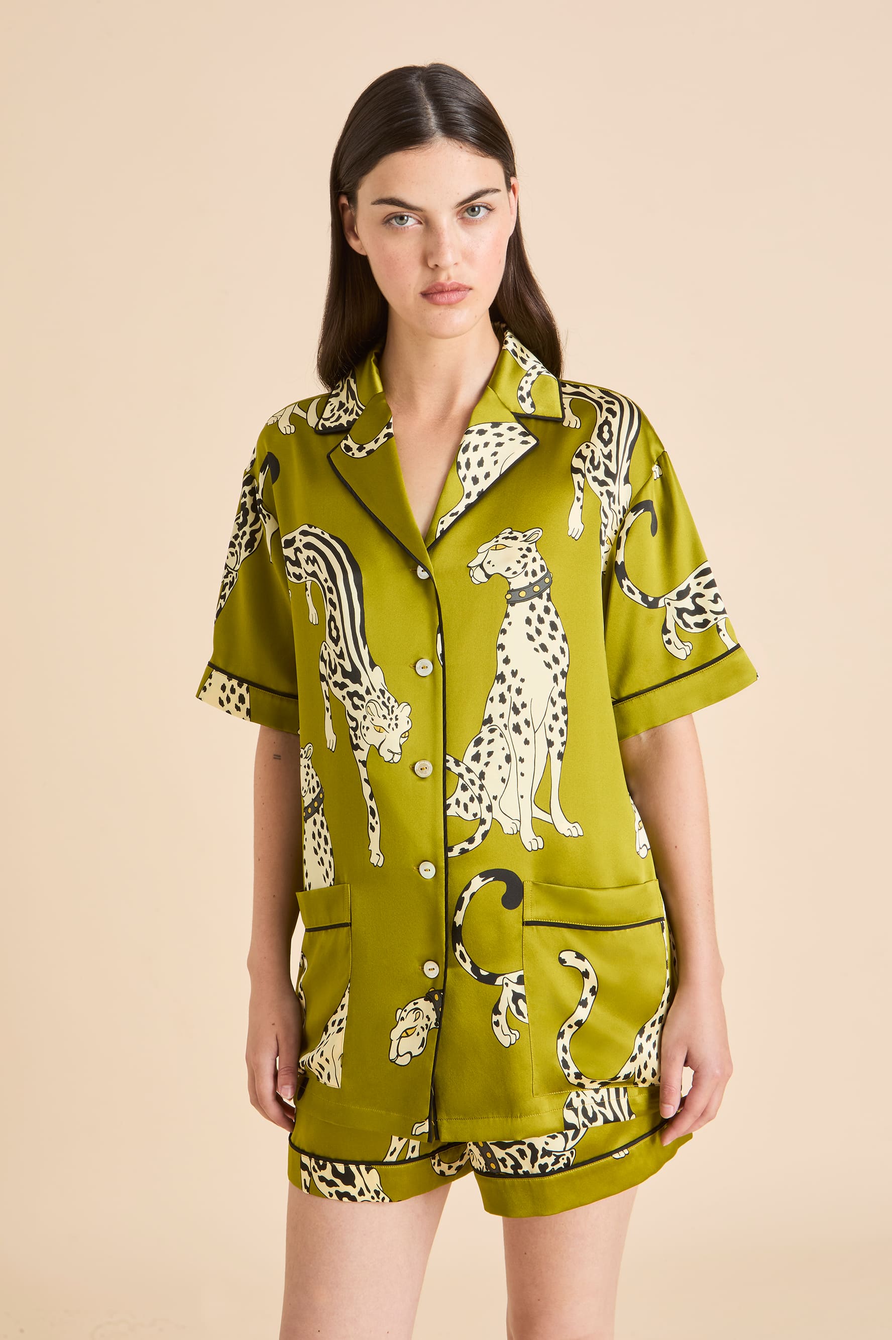 Ingo Chanson Green Leopard Pajamas in Silk Satin