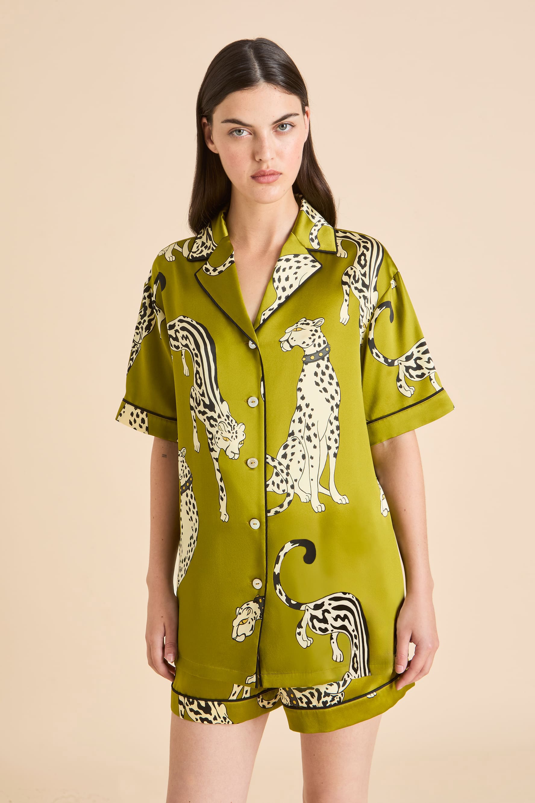 Ingo Chanson Green Leopard Pajamas in Silk Satin | Olivia von Halle