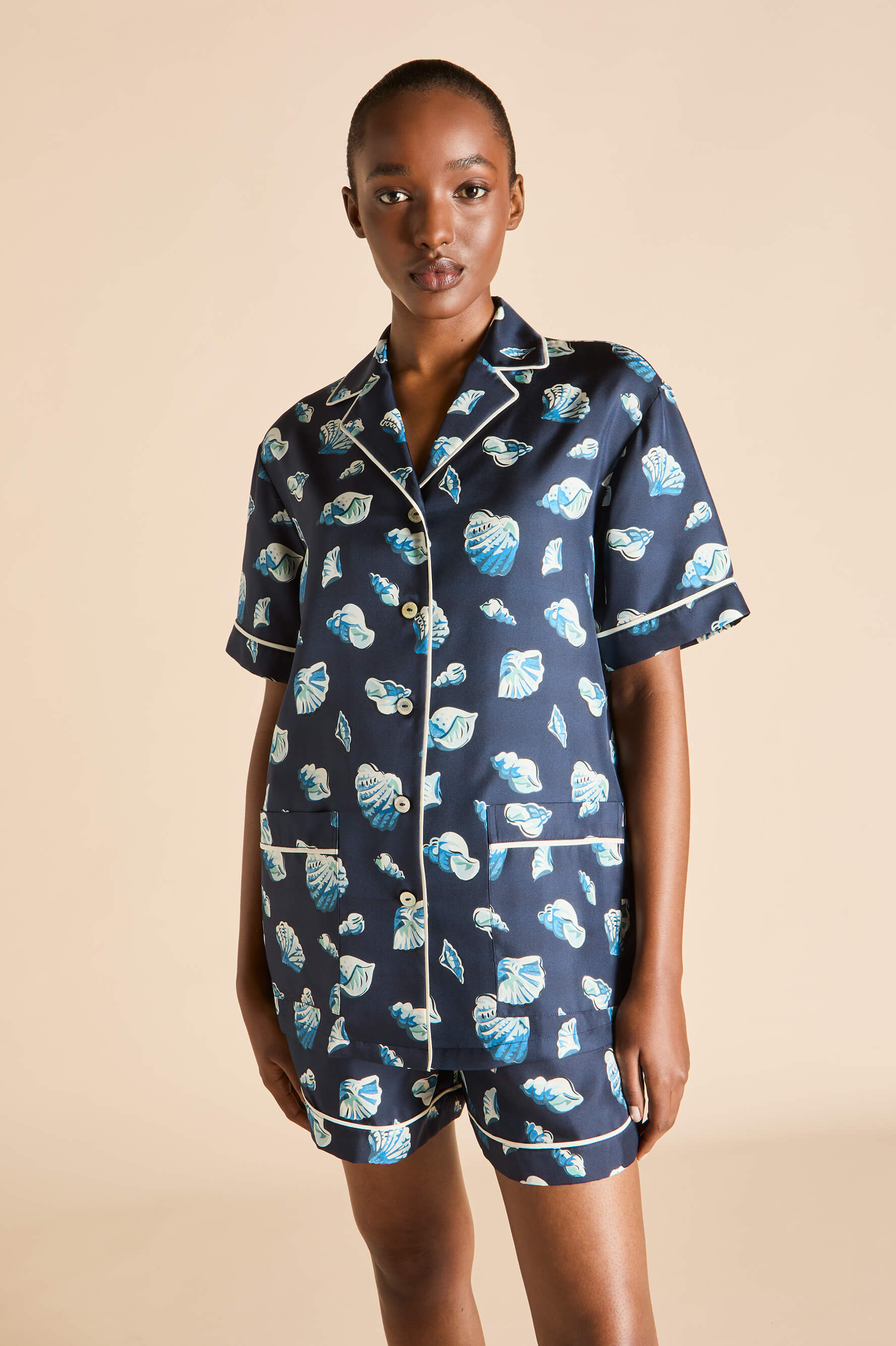 Ingo Nautilus Navy Seashell Pajamas in Silk Twill