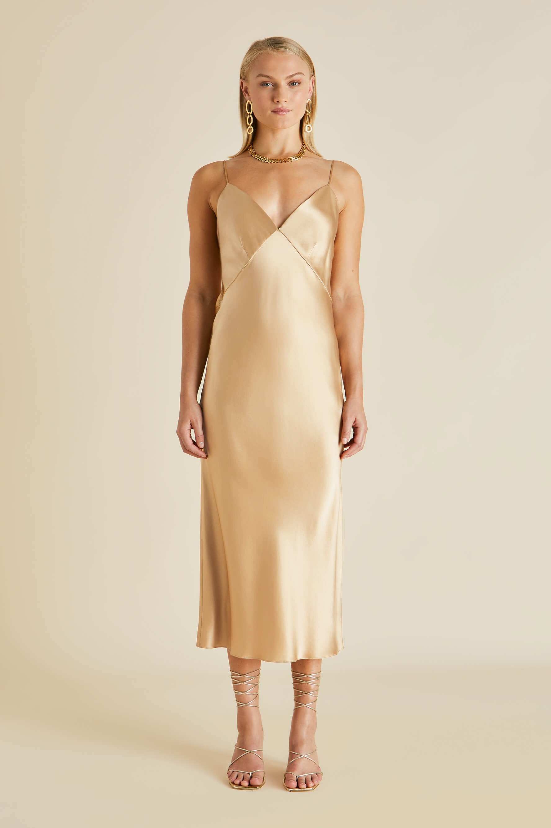 Issa Caramel Slip Dress in Silk Satin Olivia von Halle