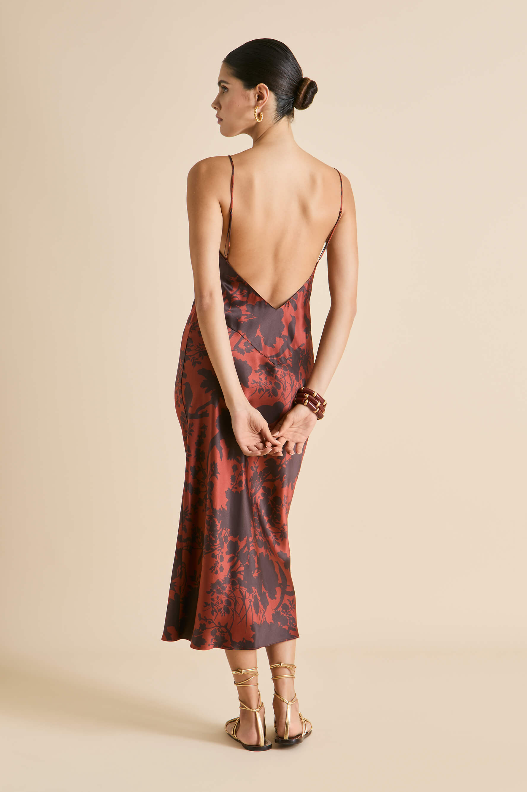 issa lalanne brown floral slip dress in silk satin 