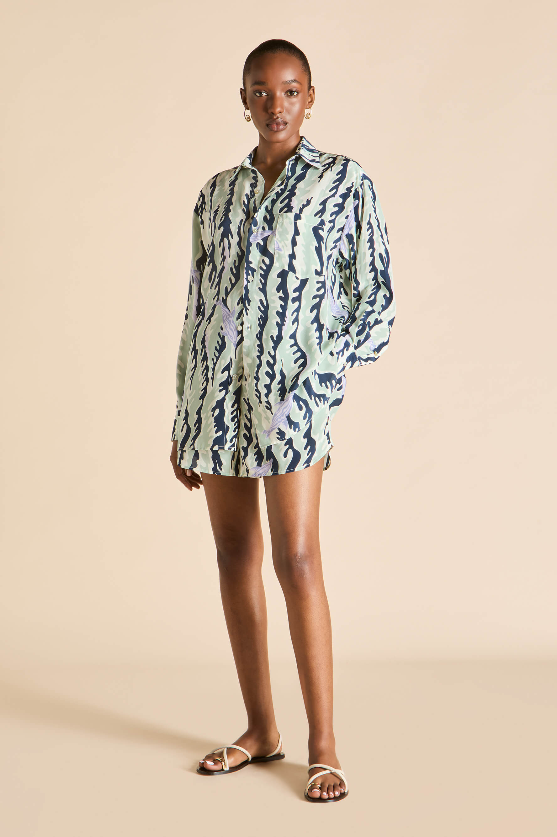 Kick Marina Navy Wave Pajamas in Silk Crêpe de Chine