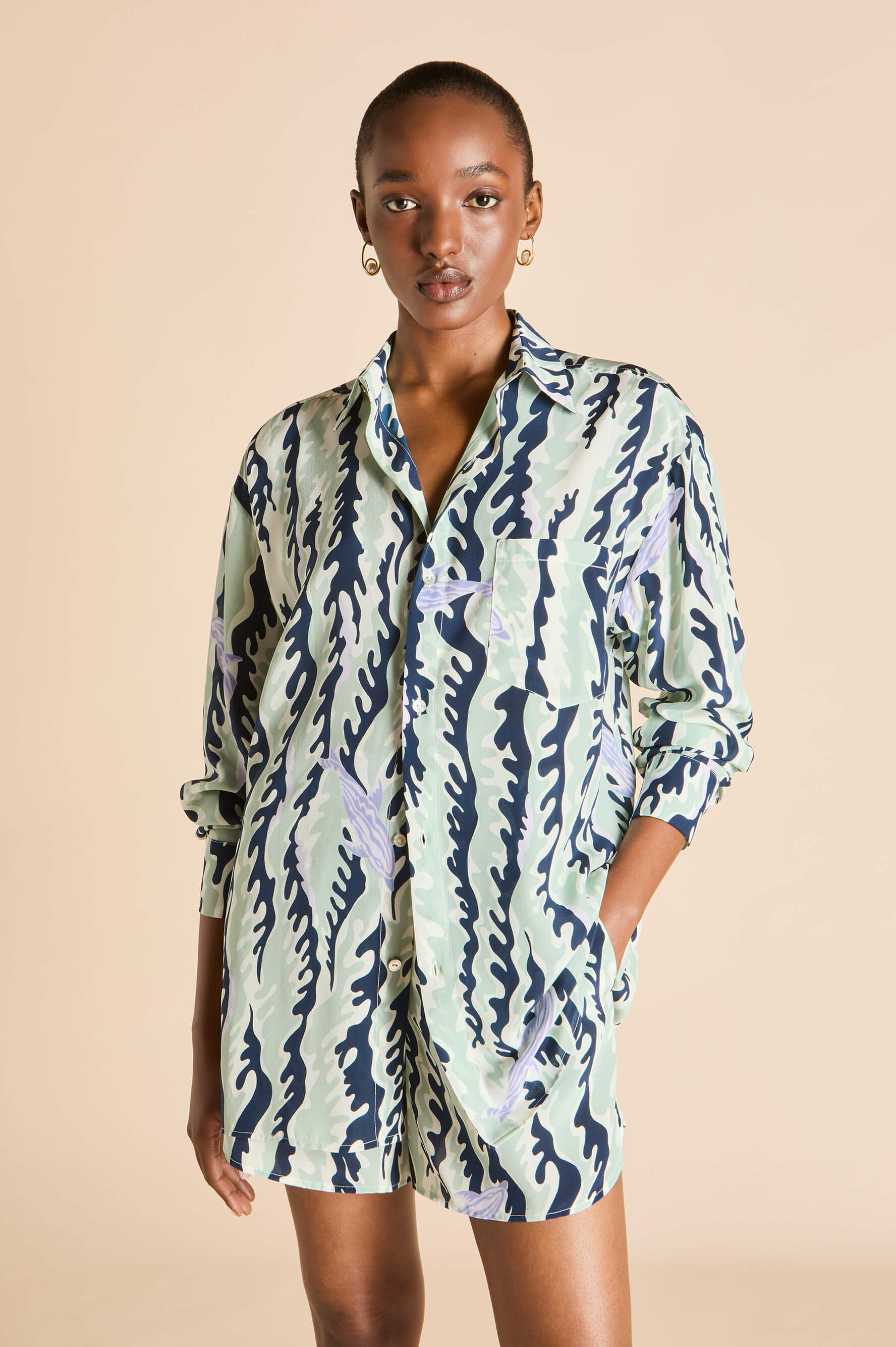 Kick Marina Navy Wave Pajamas in Silk Crêpe de Chine