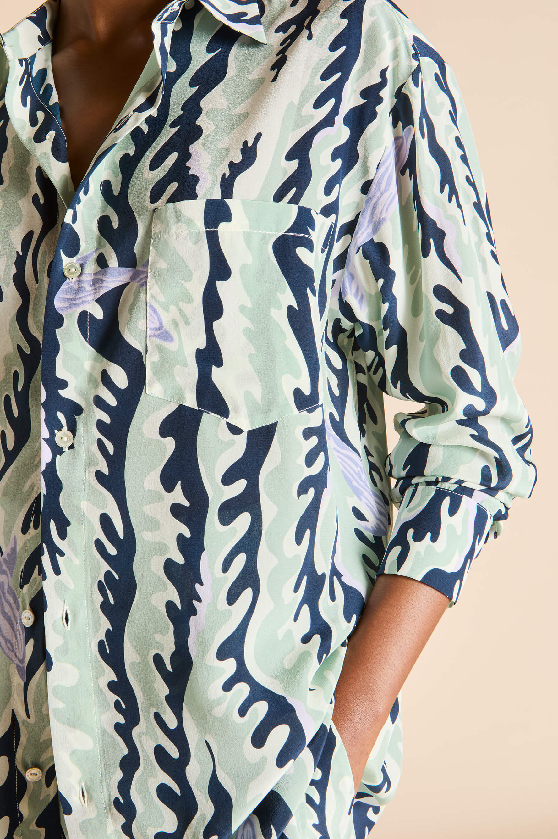 Kick Marina Navy Wave Pajamas in Silk Crêpe de Chine