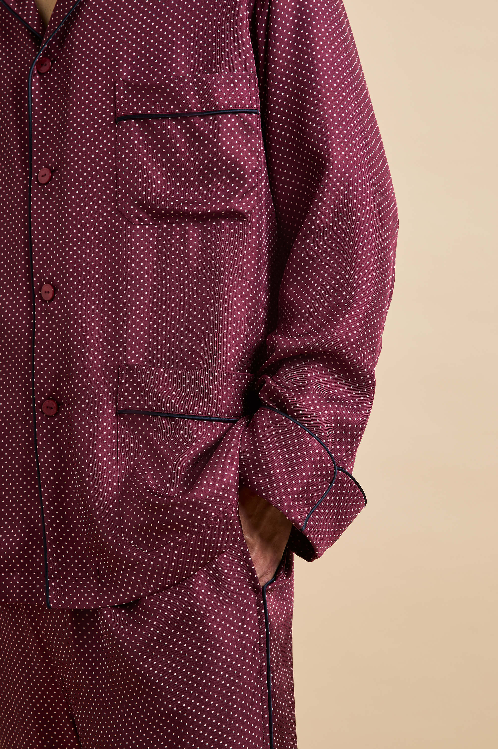 laurent bastien burgundy polka dot pyjamas in silk twill 