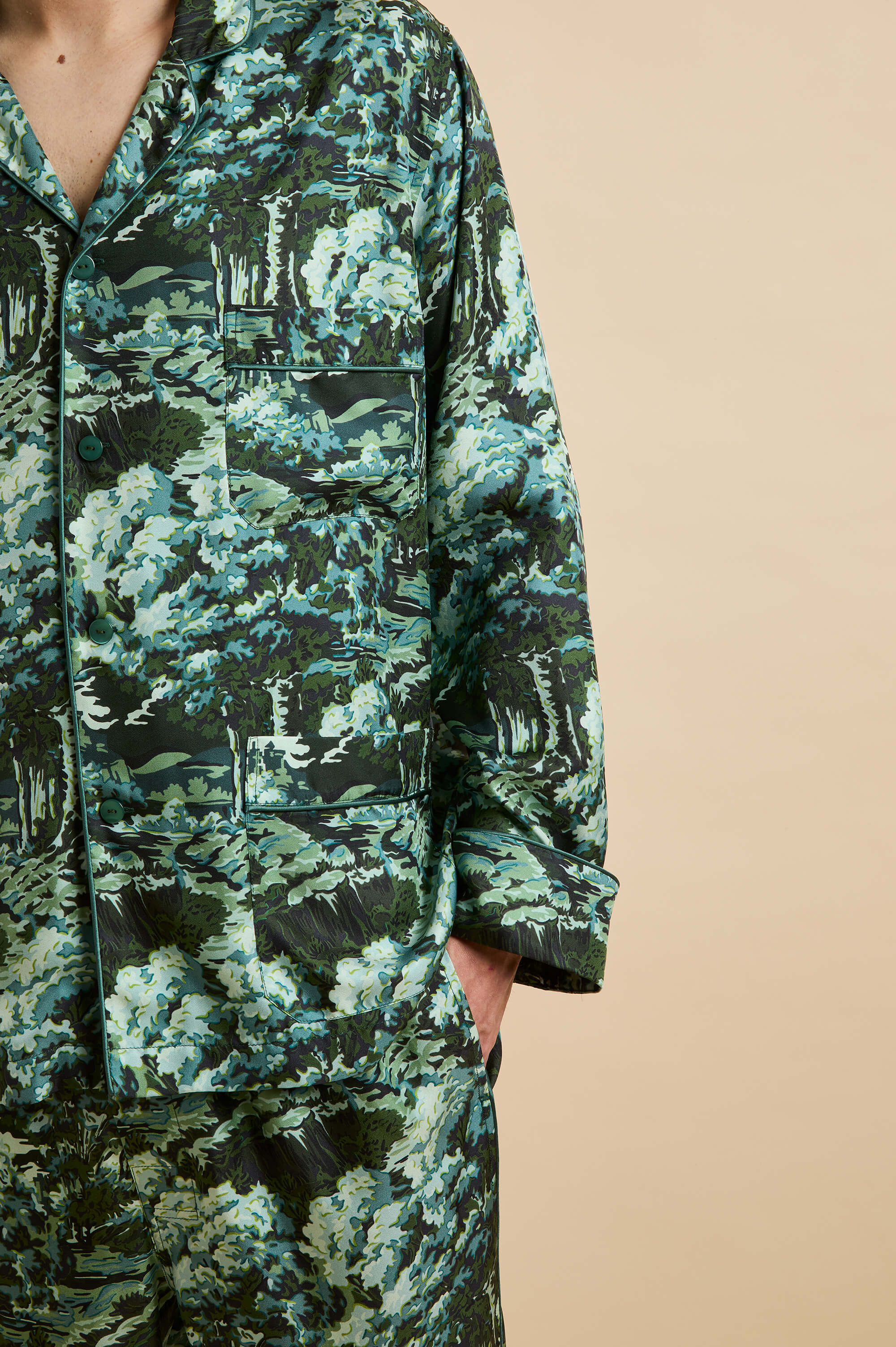 laurent linden green forest pyjamas in silk twill 