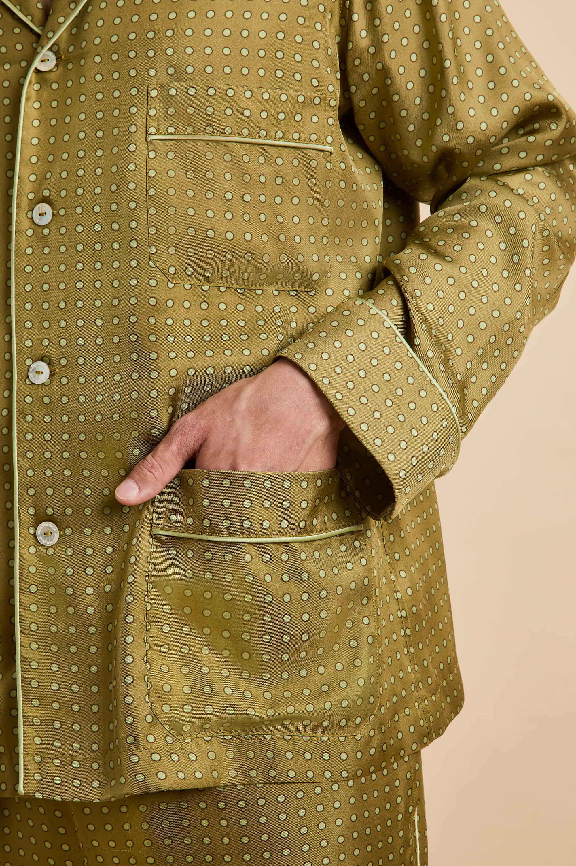 laurent lucien gold polka dot pyjamas in silk twill 