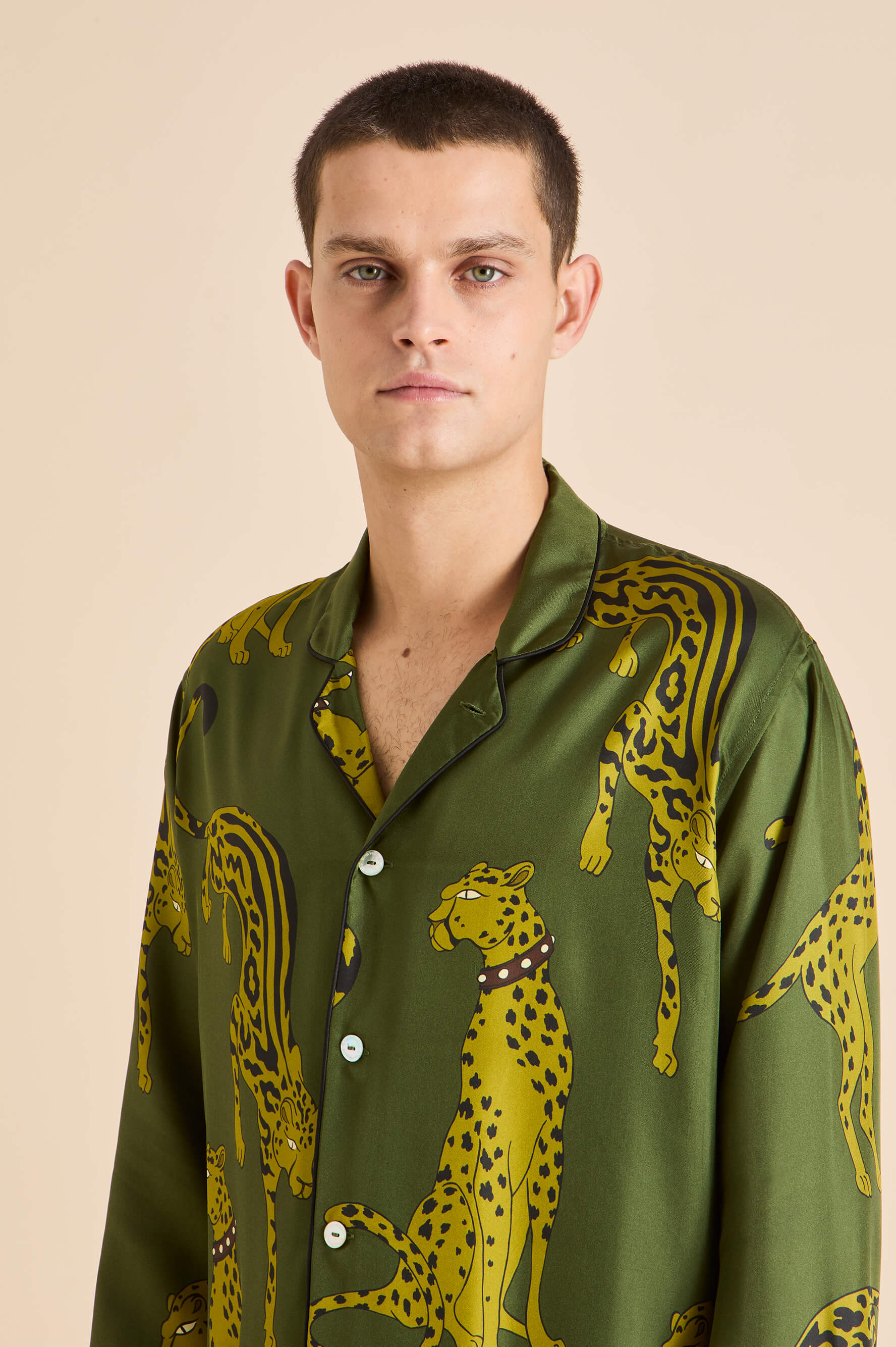 laurent nyra green leopard pyjamas in silk twill 