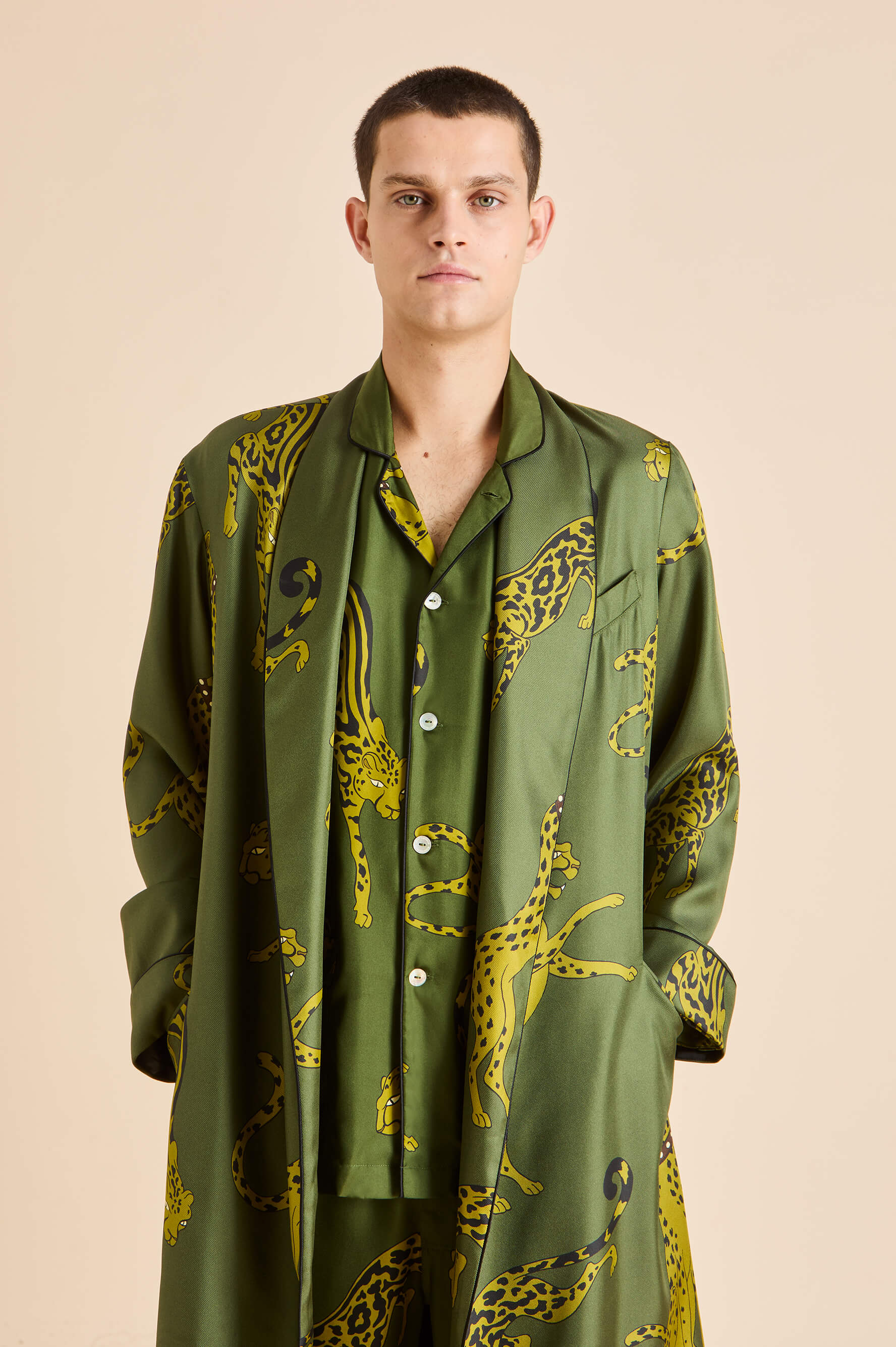 Laurent Nyra Green Leopard Pyjamas in Silk Twill