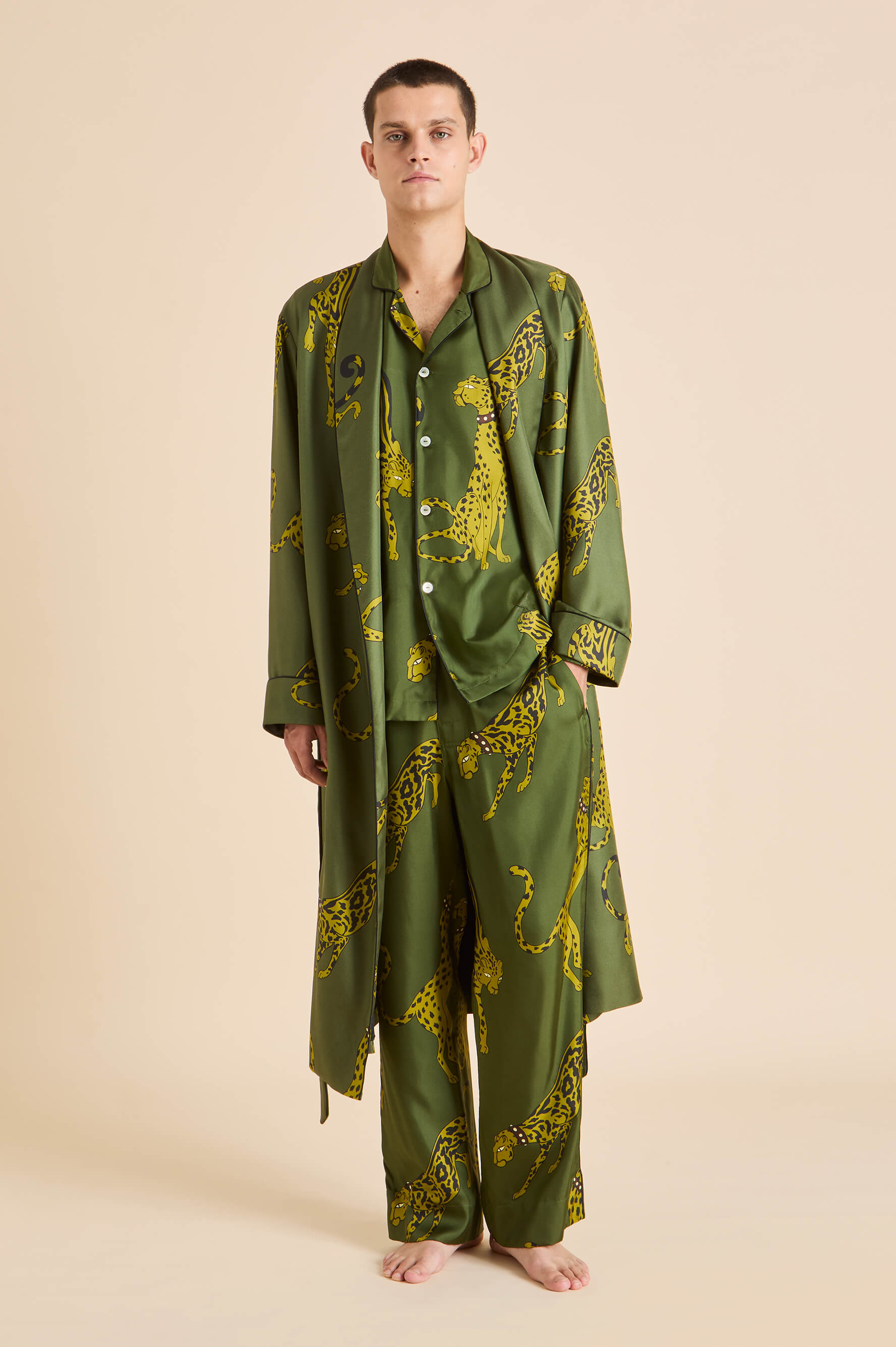 Laurent Nyra Green Leopard Pyjamas in Silk Twill