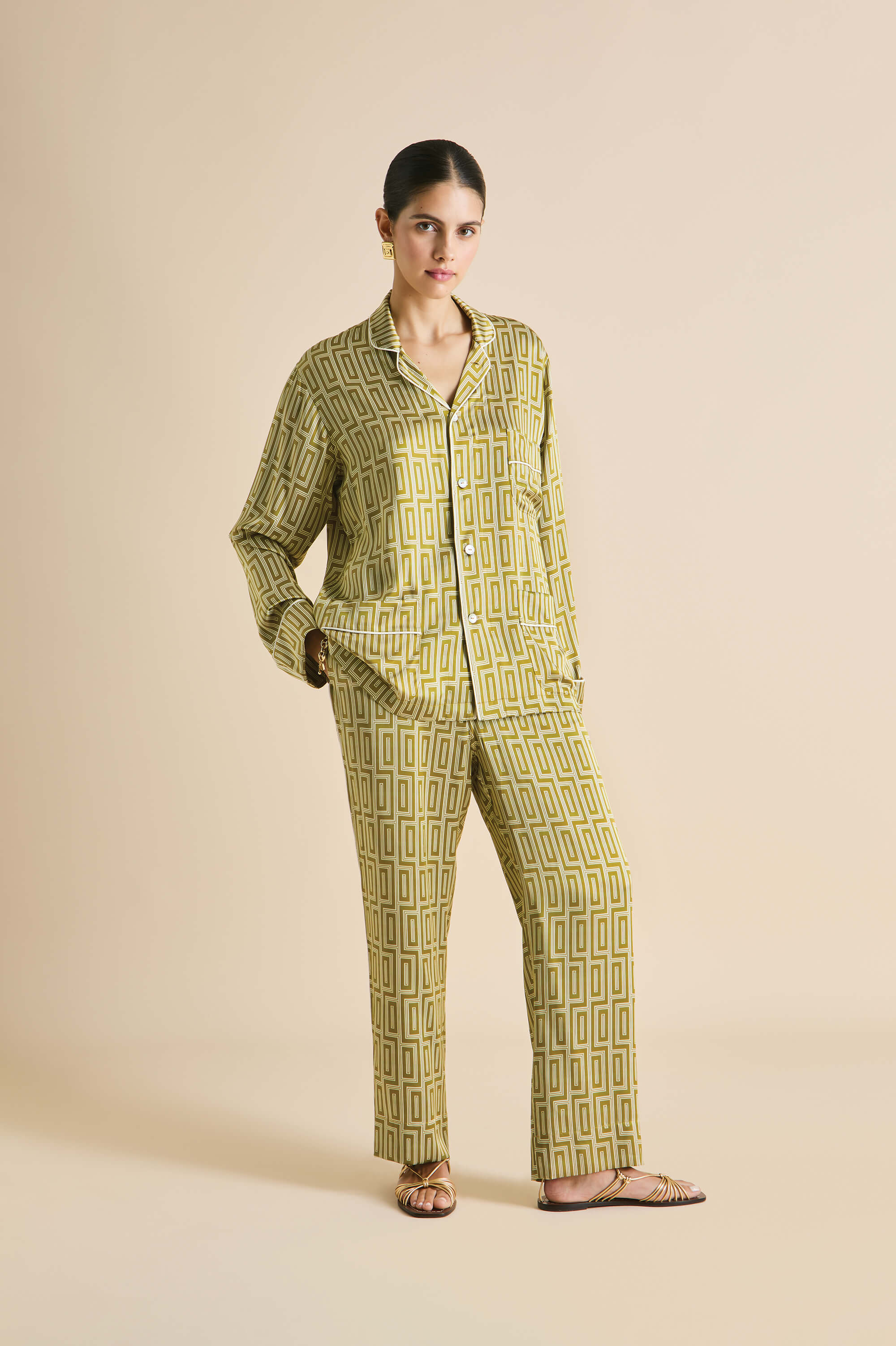 Laurent Ruhlmann Gold Geometric Pyjamas in Silk Satin